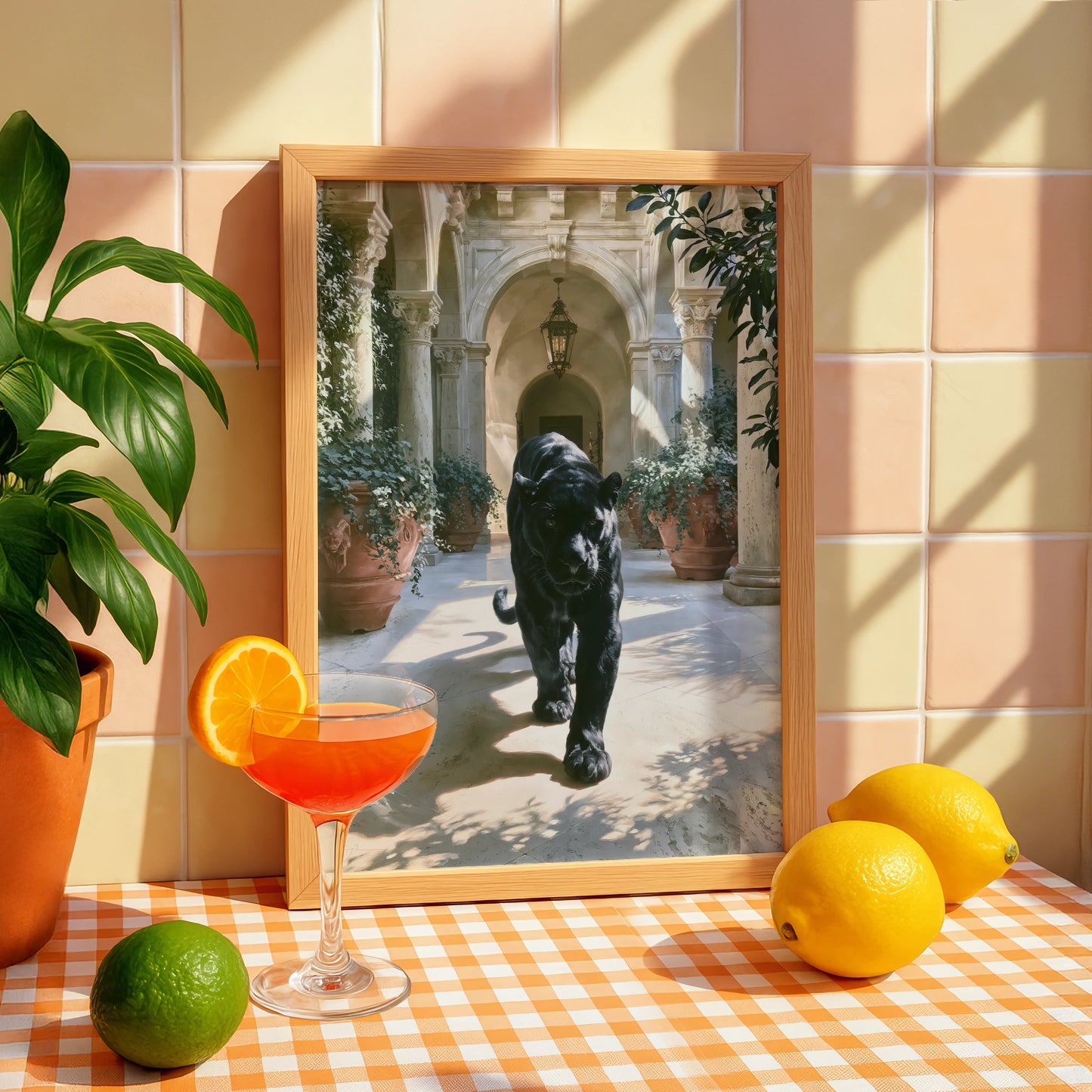 Black Panther Italian Villa Poster, Marble Courtyard, Luxury Animal Wall Art