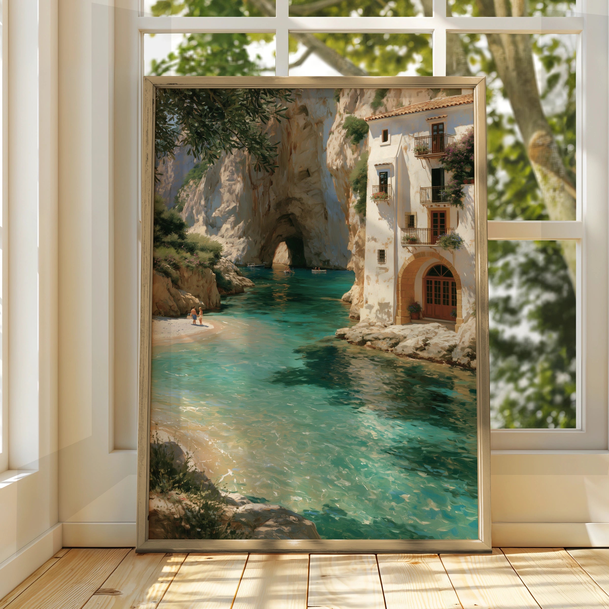 Mediterranean Cove Poster, Turquoise Sea Cliff Villa, Coastal Wall Art Print