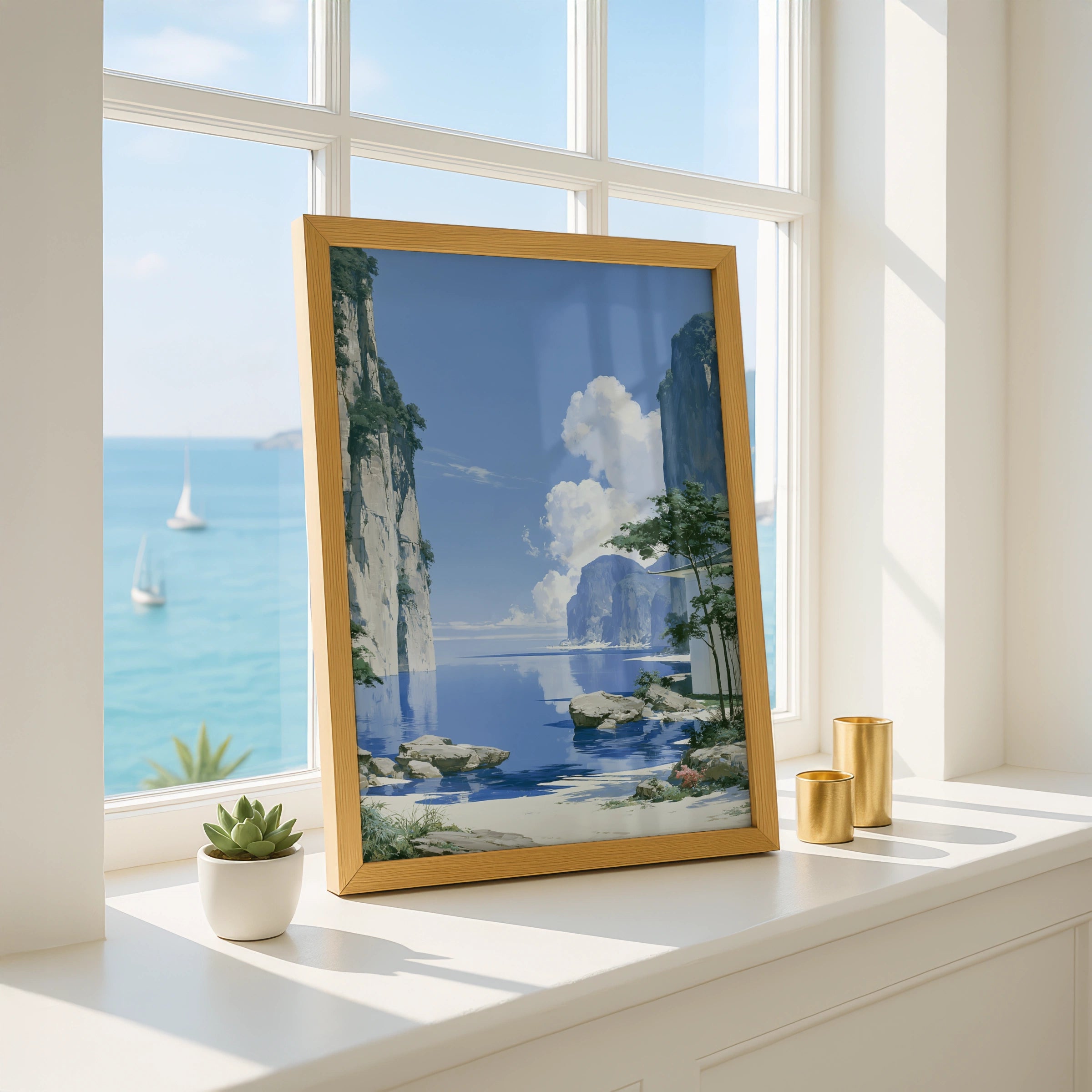 Japan Coastal Cliffs Art Print, Anime Style Landscape Poster, Blue Minimalist