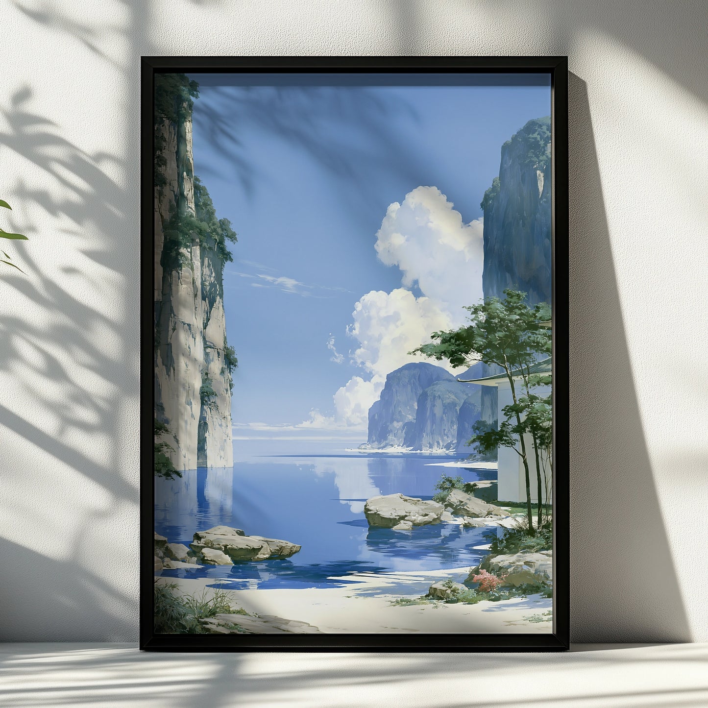 Japan Coastal Cliffs Art Print, Anime Style Landscape Poster, Blue Minimalist