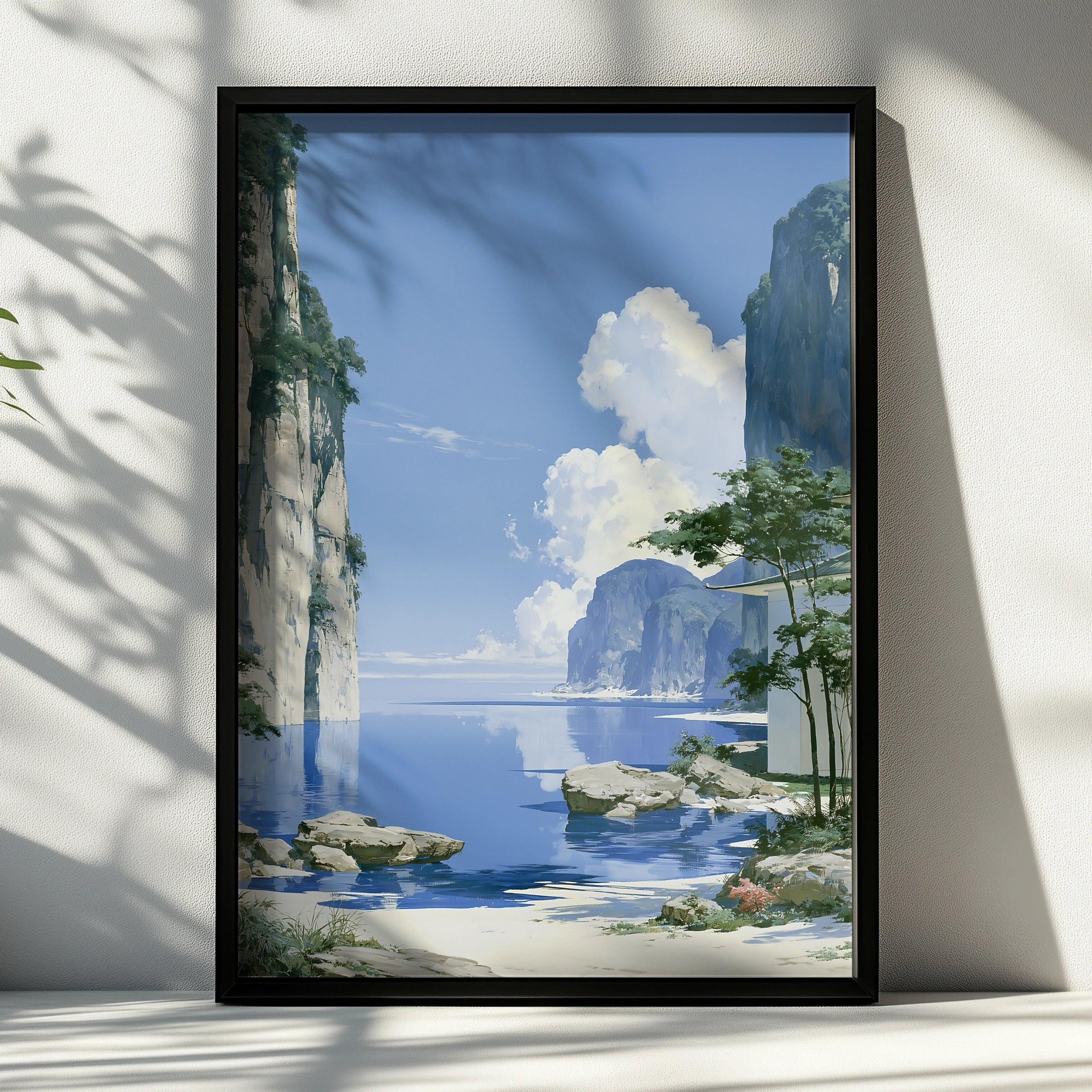 Japan Coastal Cliffs Art Print, Anime Style Landscape Poster, Blue Minimalist