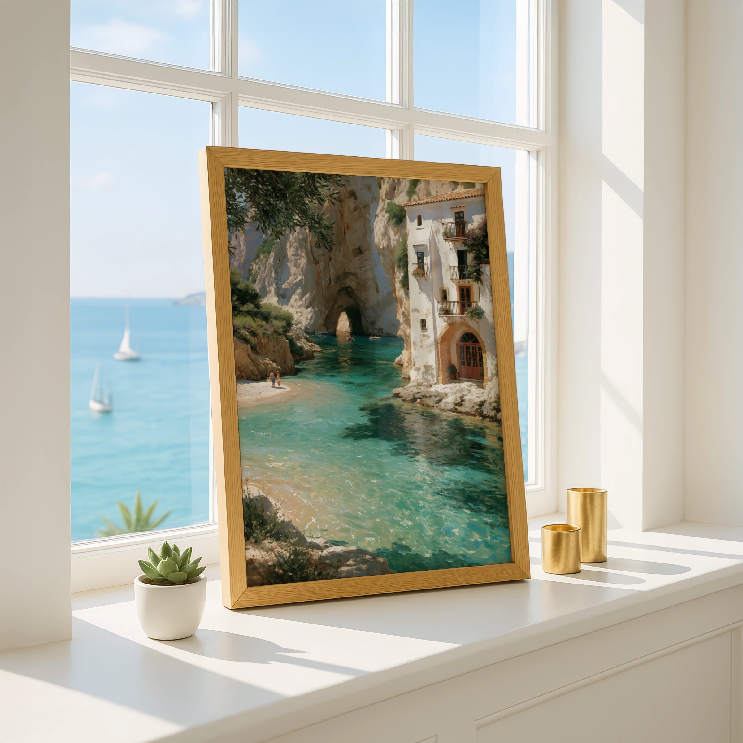 Mediterranean Cove Poster, Turquoise Sea Cliff Villa, Coastal Wall Art Print