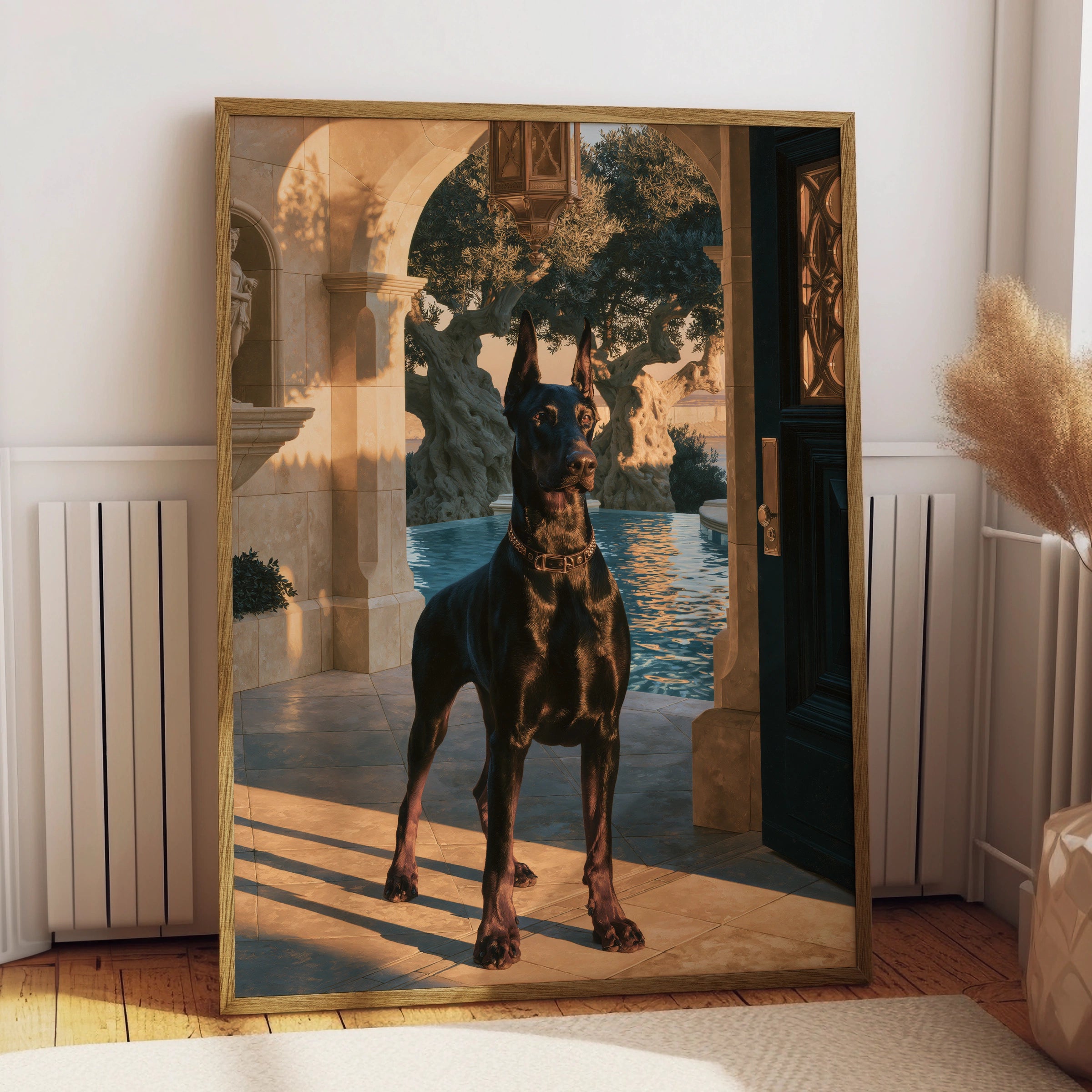 Dobermann Villa Poster, Luxury Dog Art Print, Classical Archway, Golden Hour