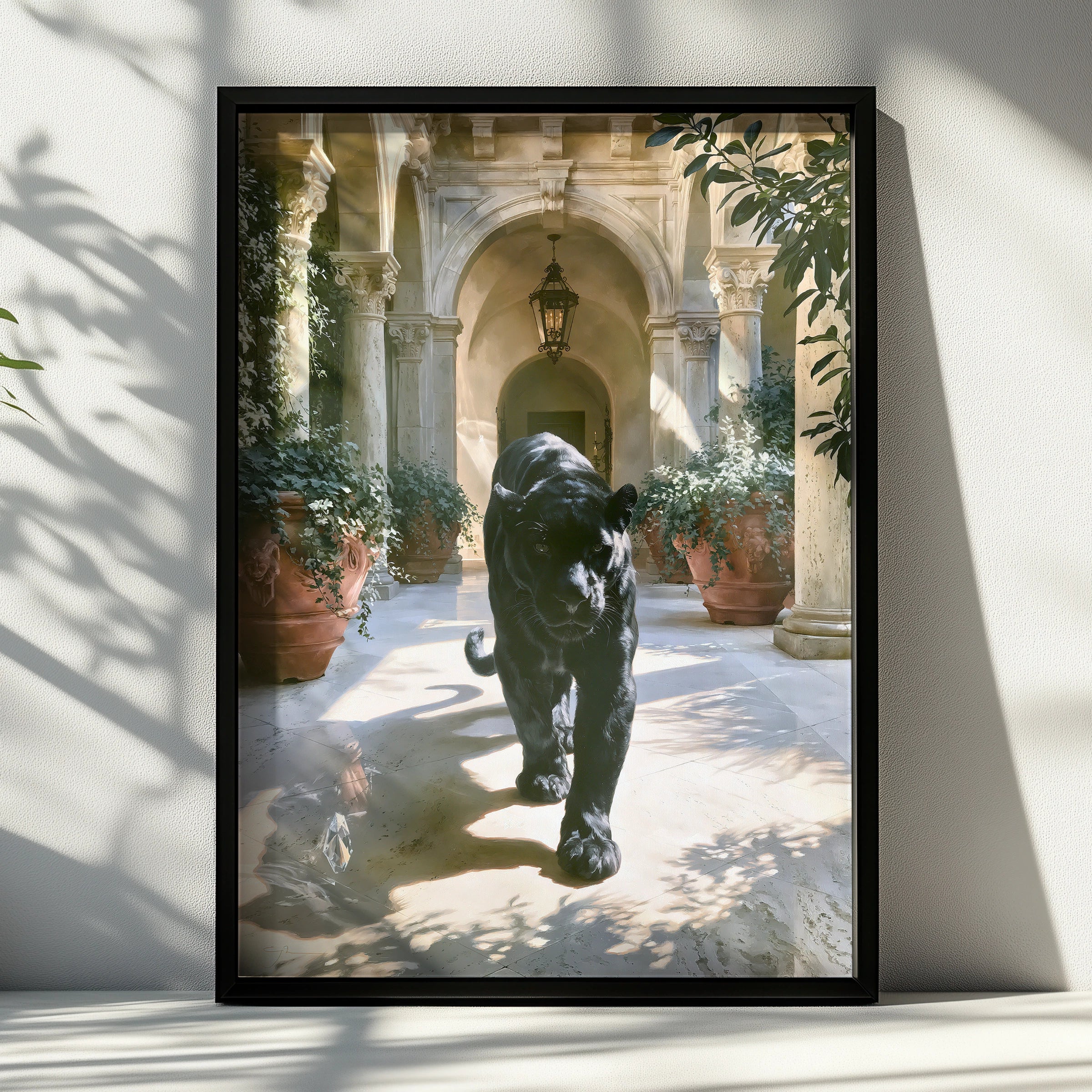 Black Panther Italian Villa Poster, Marble Courtyard, Luxury Animal Wall Art