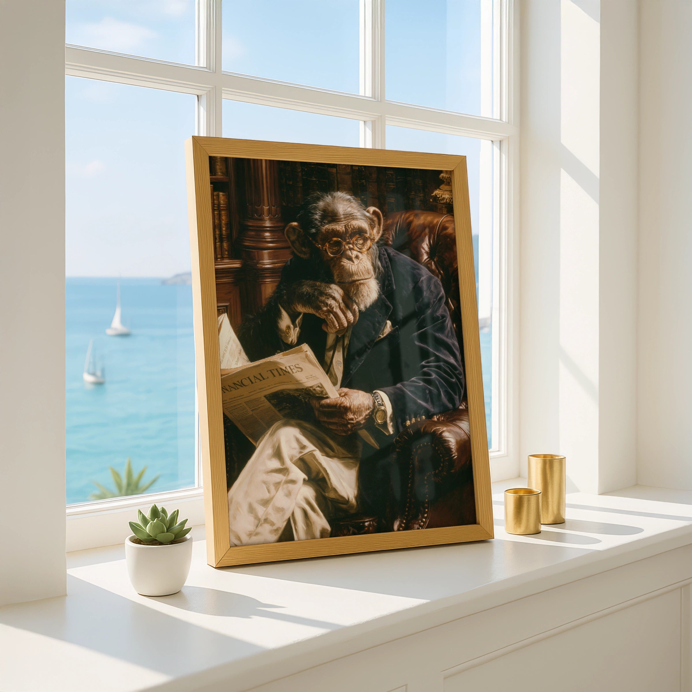 Monkey Reading Newspaper Poster, Chimp in Suit Library Wall Art Print