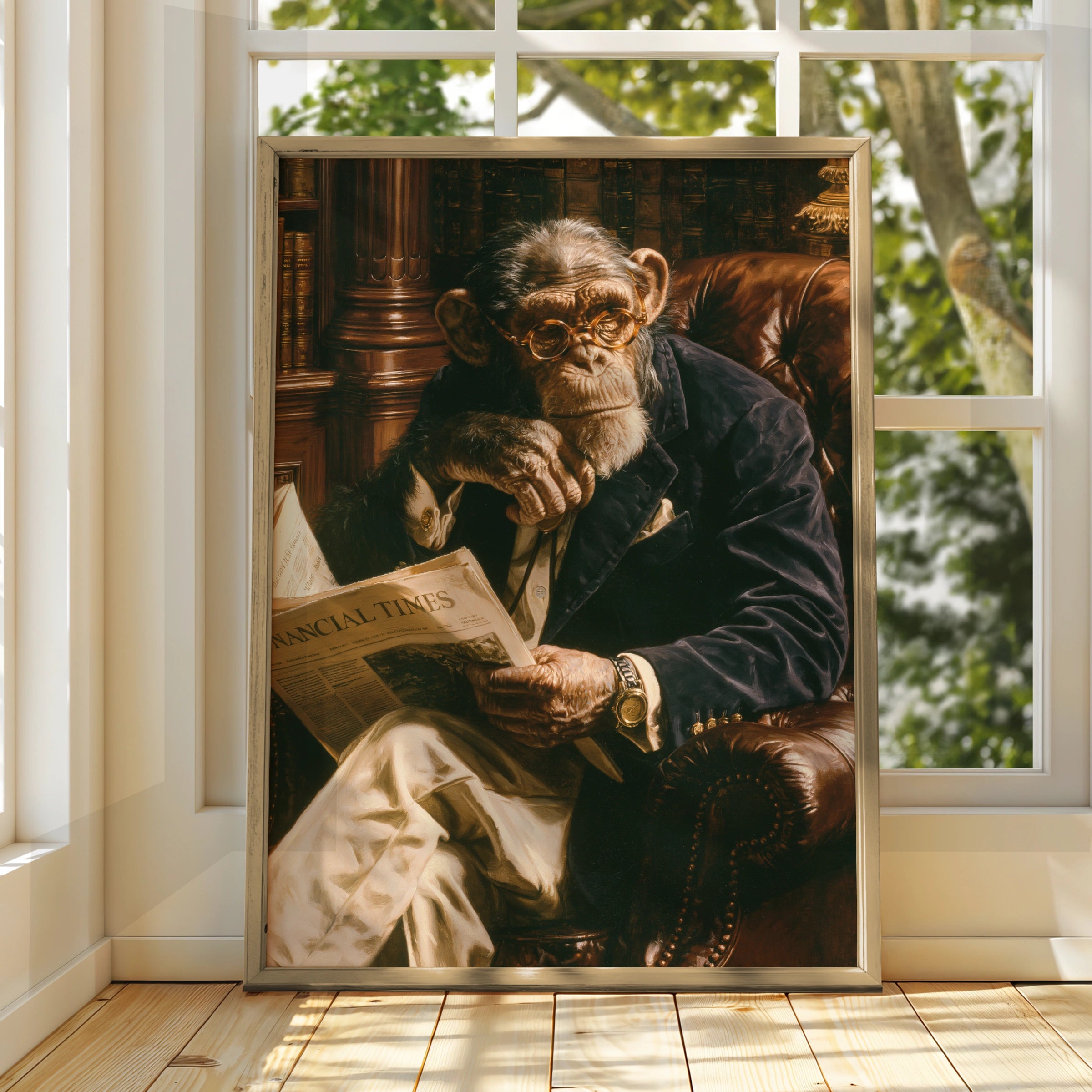 Monkey Reading Newspaper Poster, Chimp in Suit Library Wall Art Print