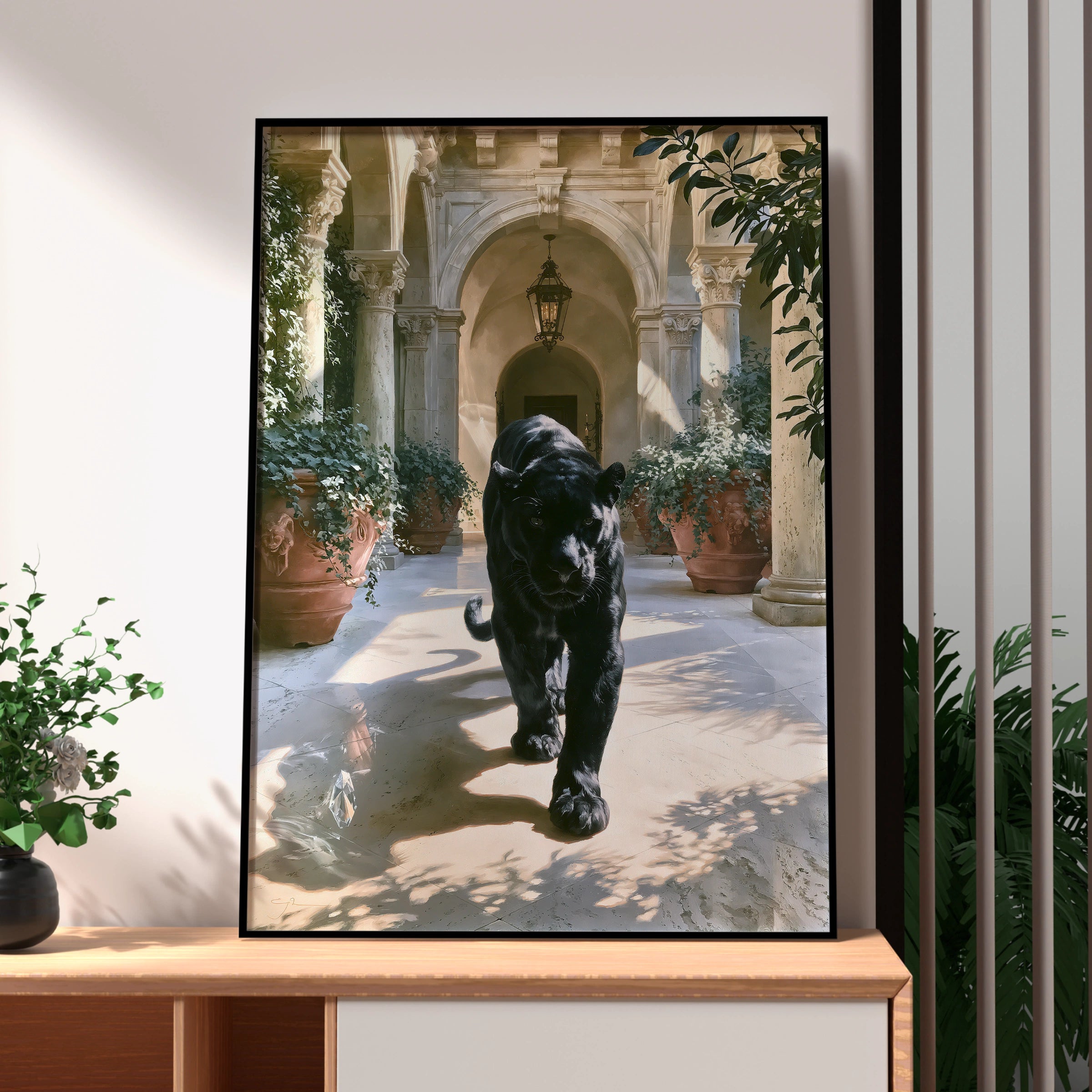 Black Panther Italian Villa Poster, Marble Courtyard, Luxury Animal Wall Art