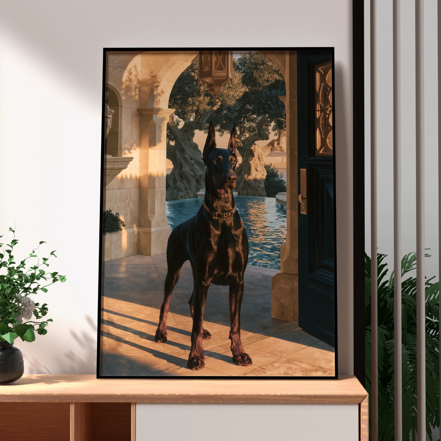 Dobermann Villa Poster, Luxury Dog Art Print, Classical Archway, Golden Hour