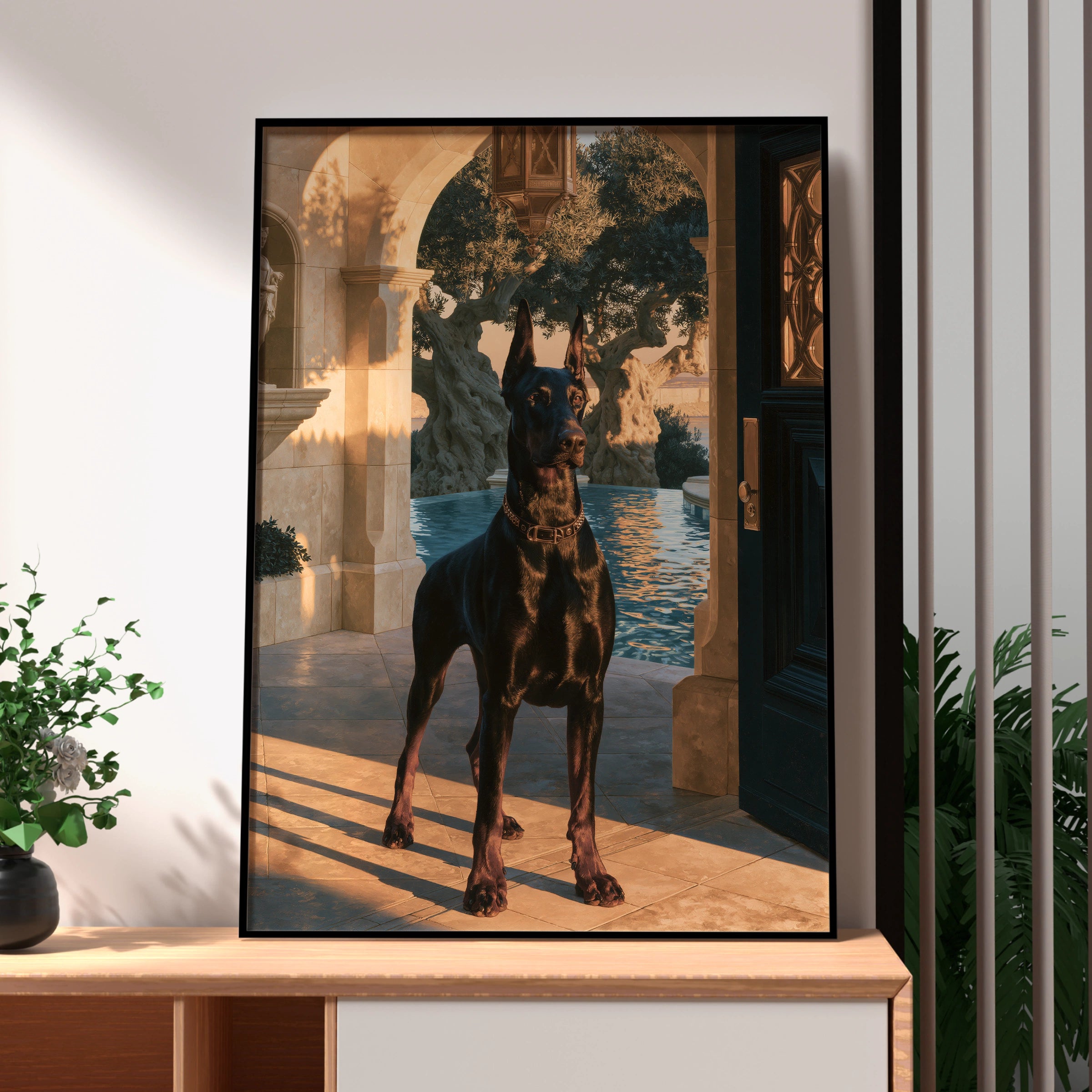 Dobermann Villa Poster, Luxury Dog Art Print, Classical Archway, Golden Hour