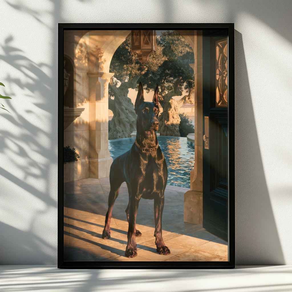 Dobermann Villa Poster, Luxury Dog Art Print, Classical Archway, Golden Hour