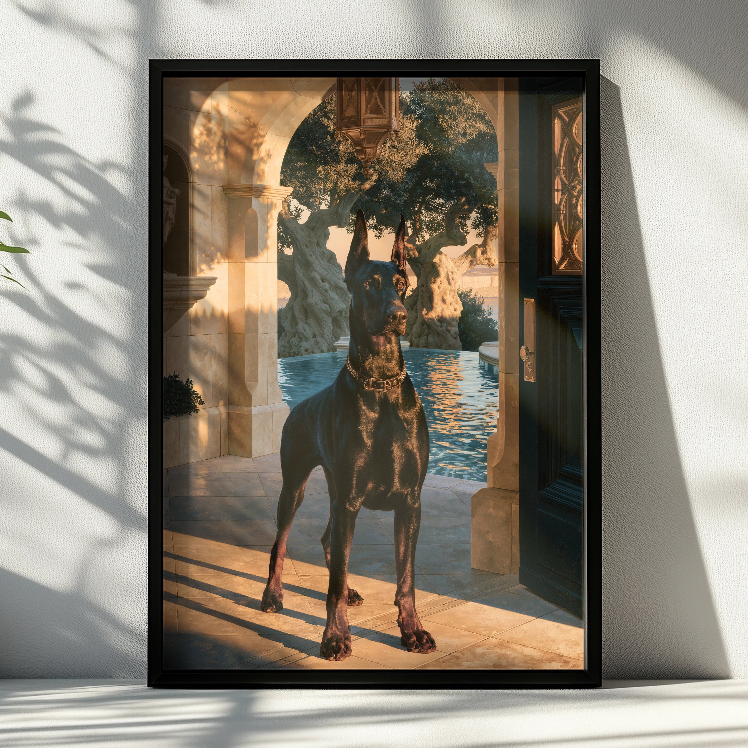 Dobermann Villa Poster, Luxury Dog Art Print, Classical Archway, Golden Hour