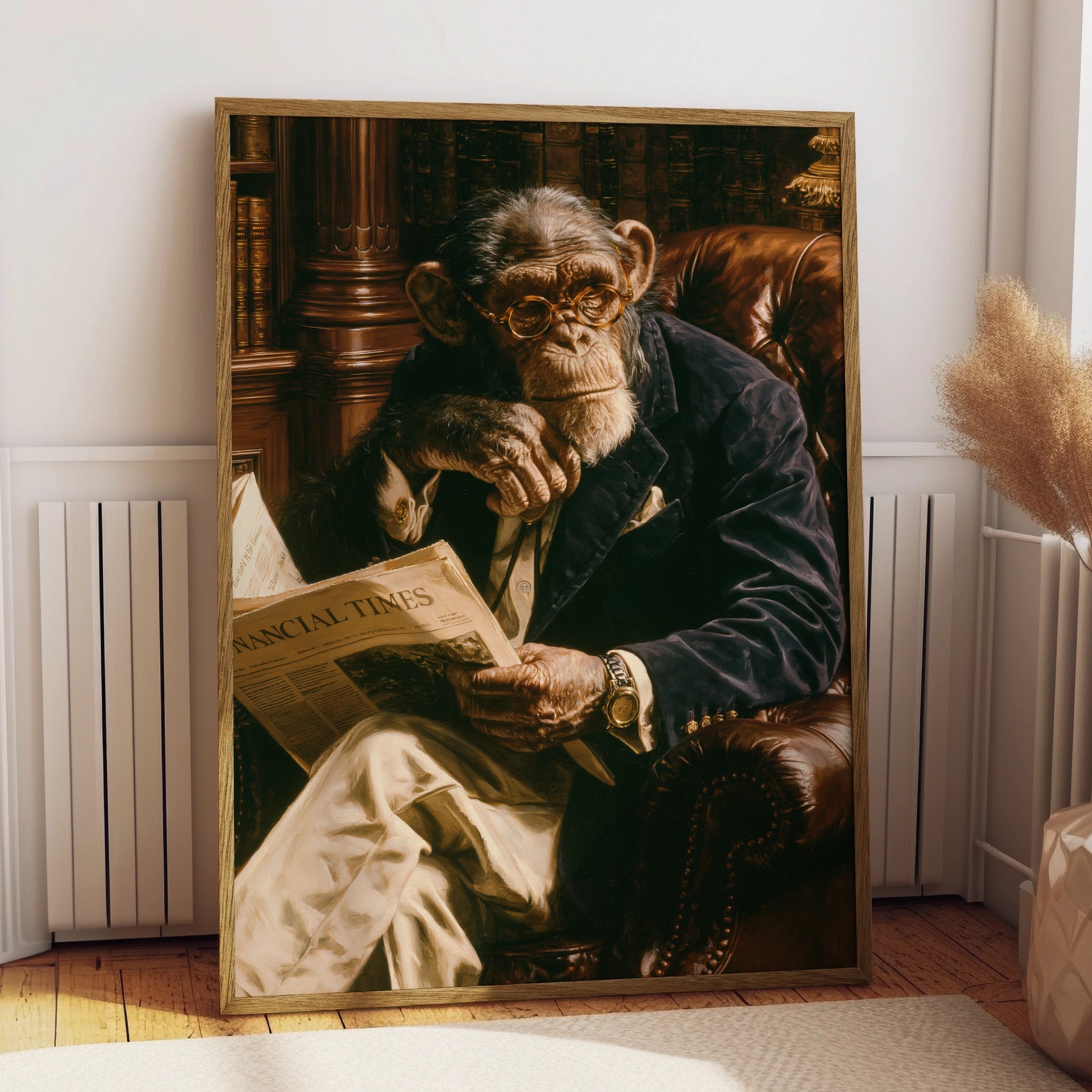 Monkey Reading Newspaper Poster, Chimp in Suit Library Wall Art Print