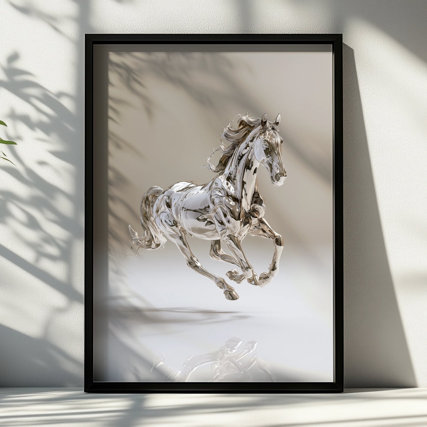 Chrome Horse Poster, Silver Metallic Running Horse, Modern Wall Art Print