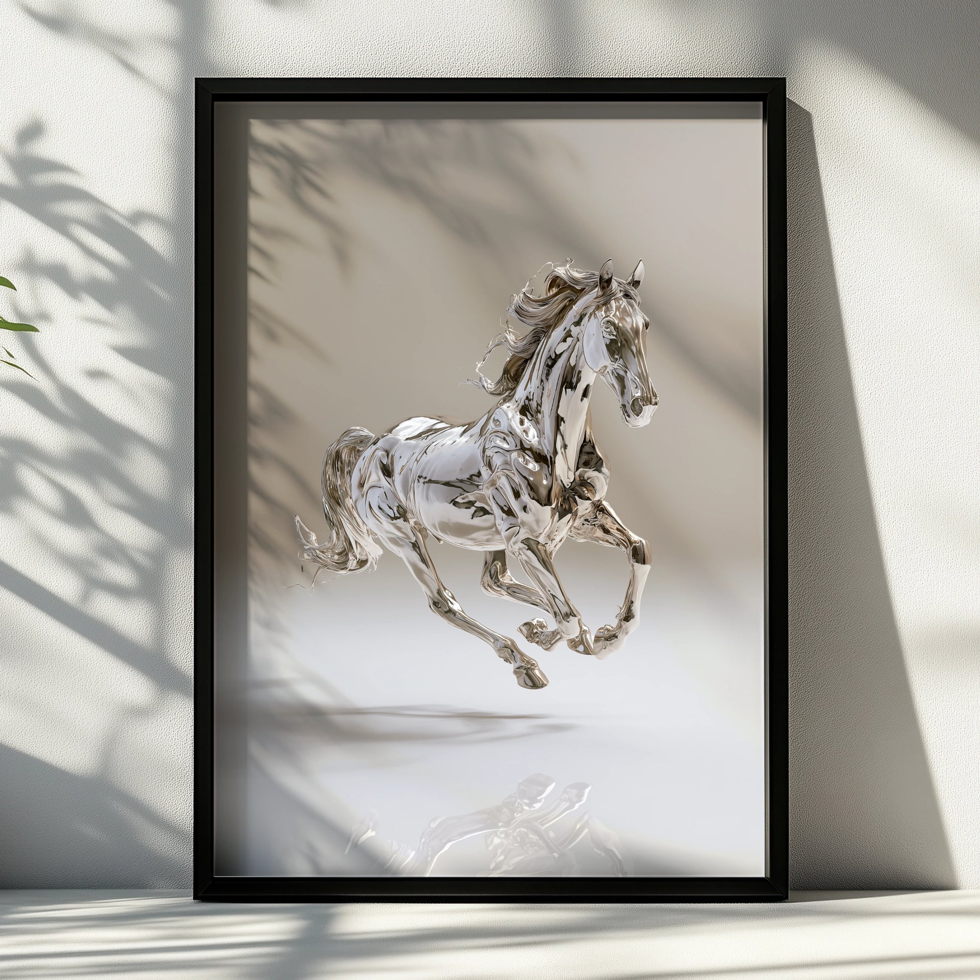 Chrome Horse Poster, Silver Metallic Running Horse, Modern Wall Art Print