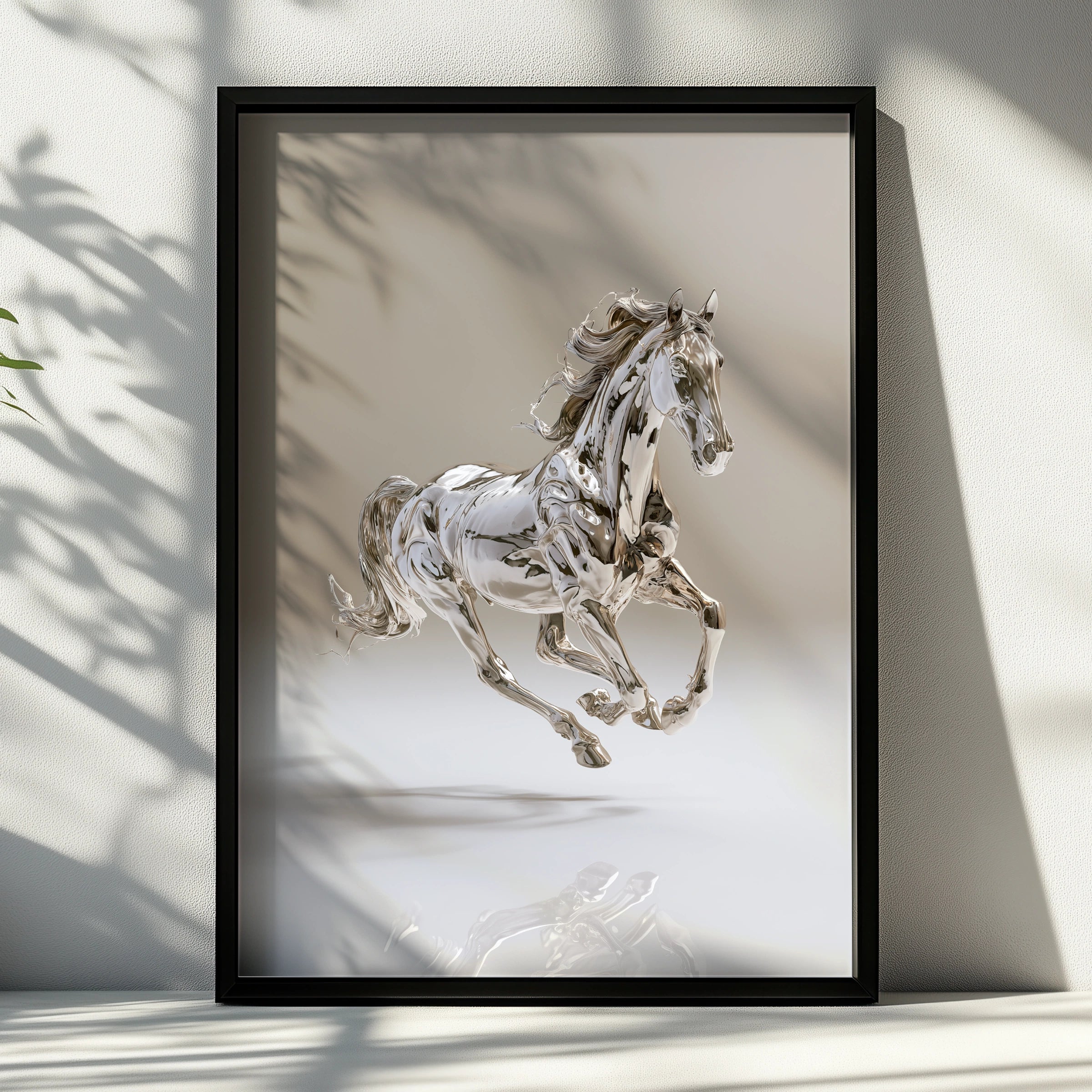 Chrome Horse Poster, Silver Metallic Running Horse, Modern Wall Art Print