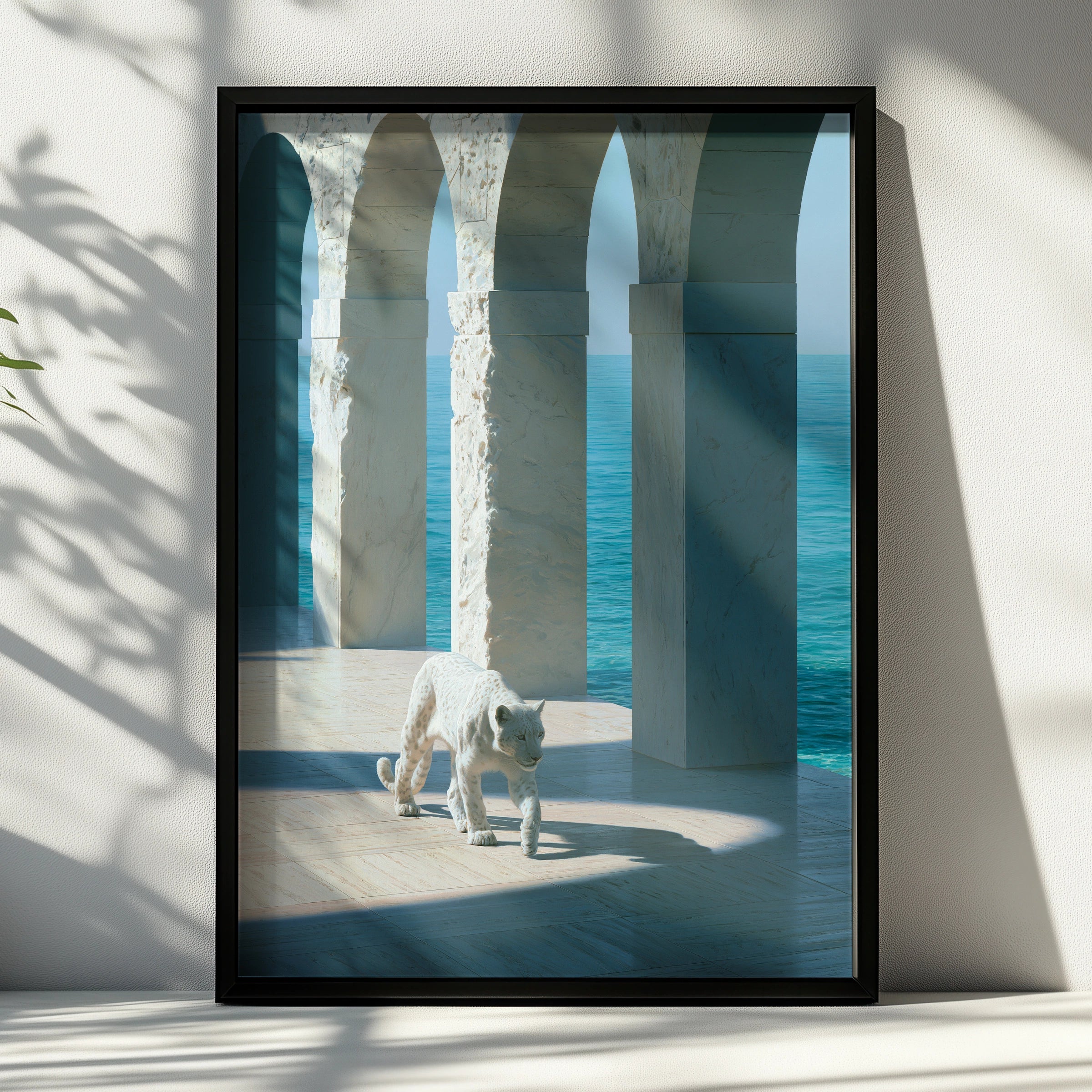 White Leopard Marble Arches Ocean Wall Art Poster, Surreal Coastal Print