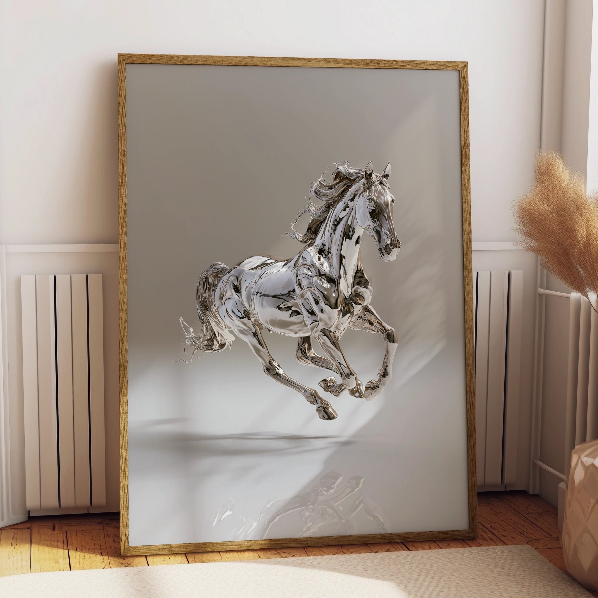 Chrome Horse Poster, Silver Metallic Running Horse, Modern Wall Art Print