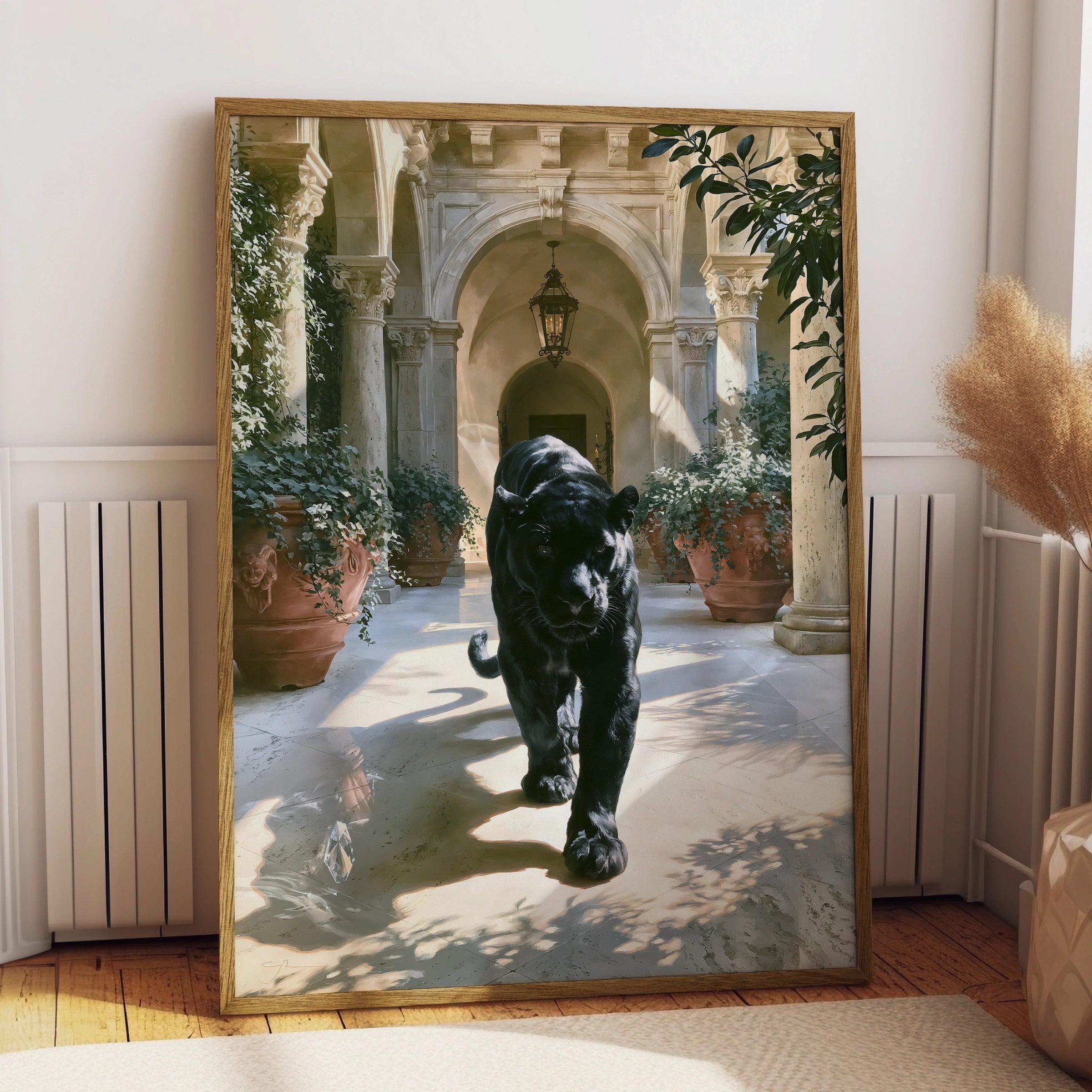Black Panther Italian Villa Poster, Marble Courtyard, Luxury Animal Wall Art