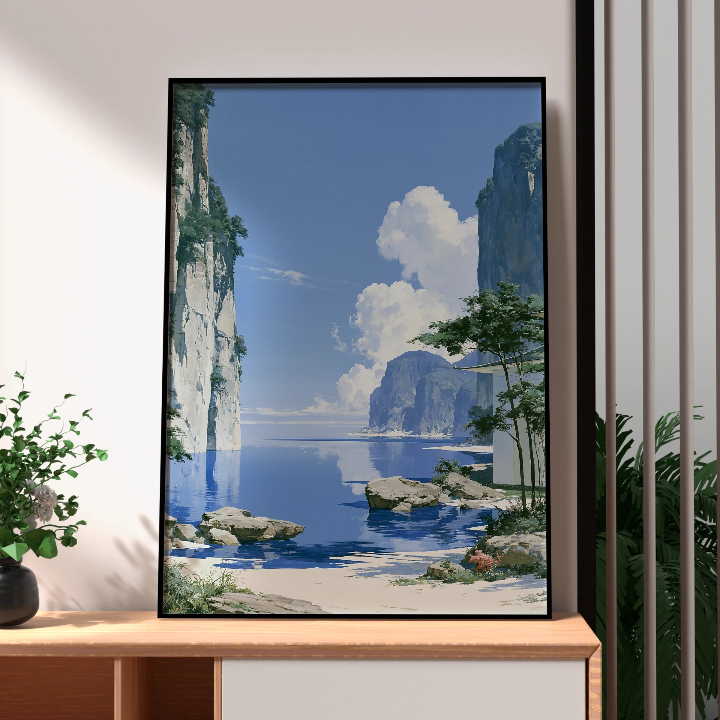 Japan Coastal Cliffs Art Print, Anime Style Landscape Poster, Blue Minimalist