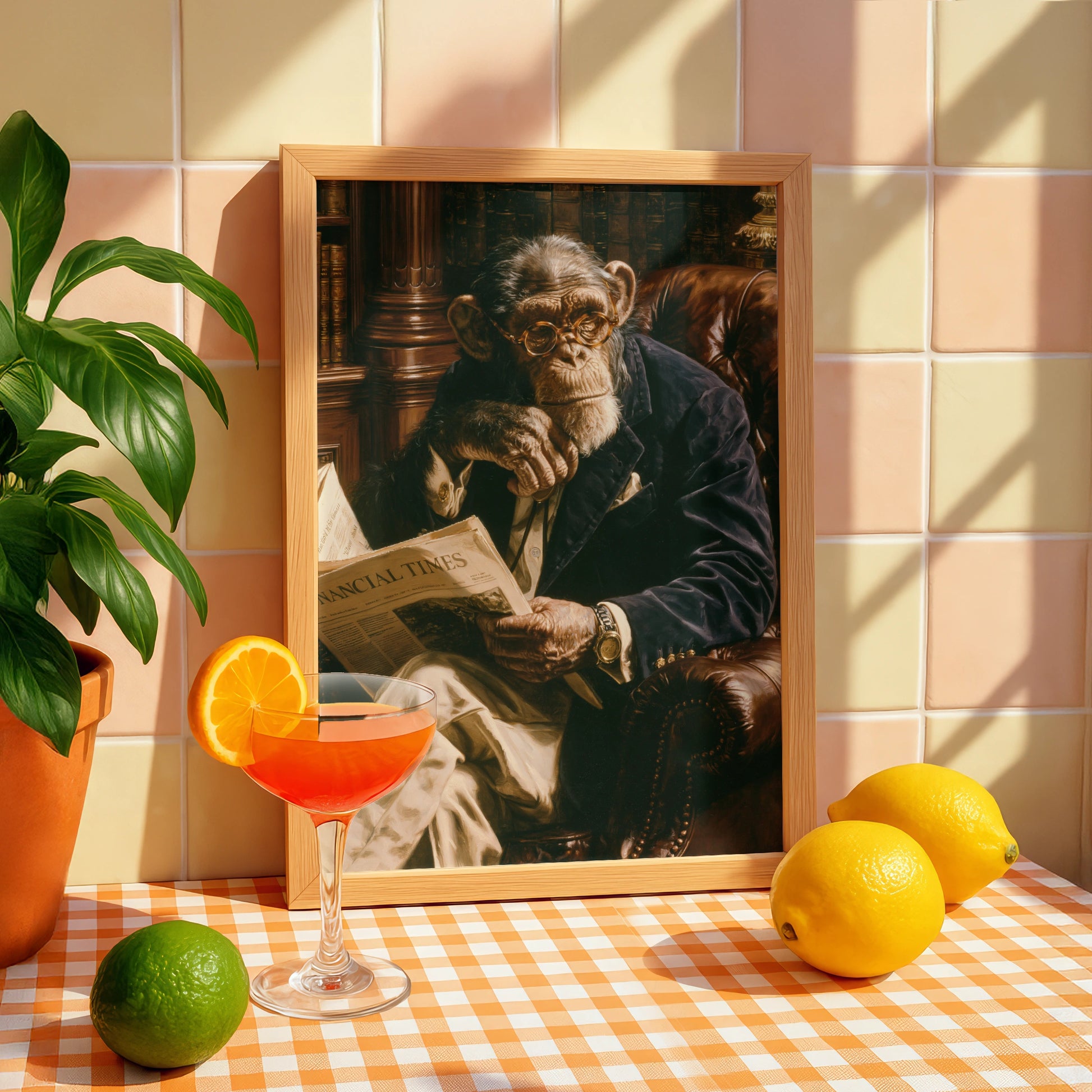 Monkey Reading Newspaper Poster, Chimp in Suit Library Wall Art Print