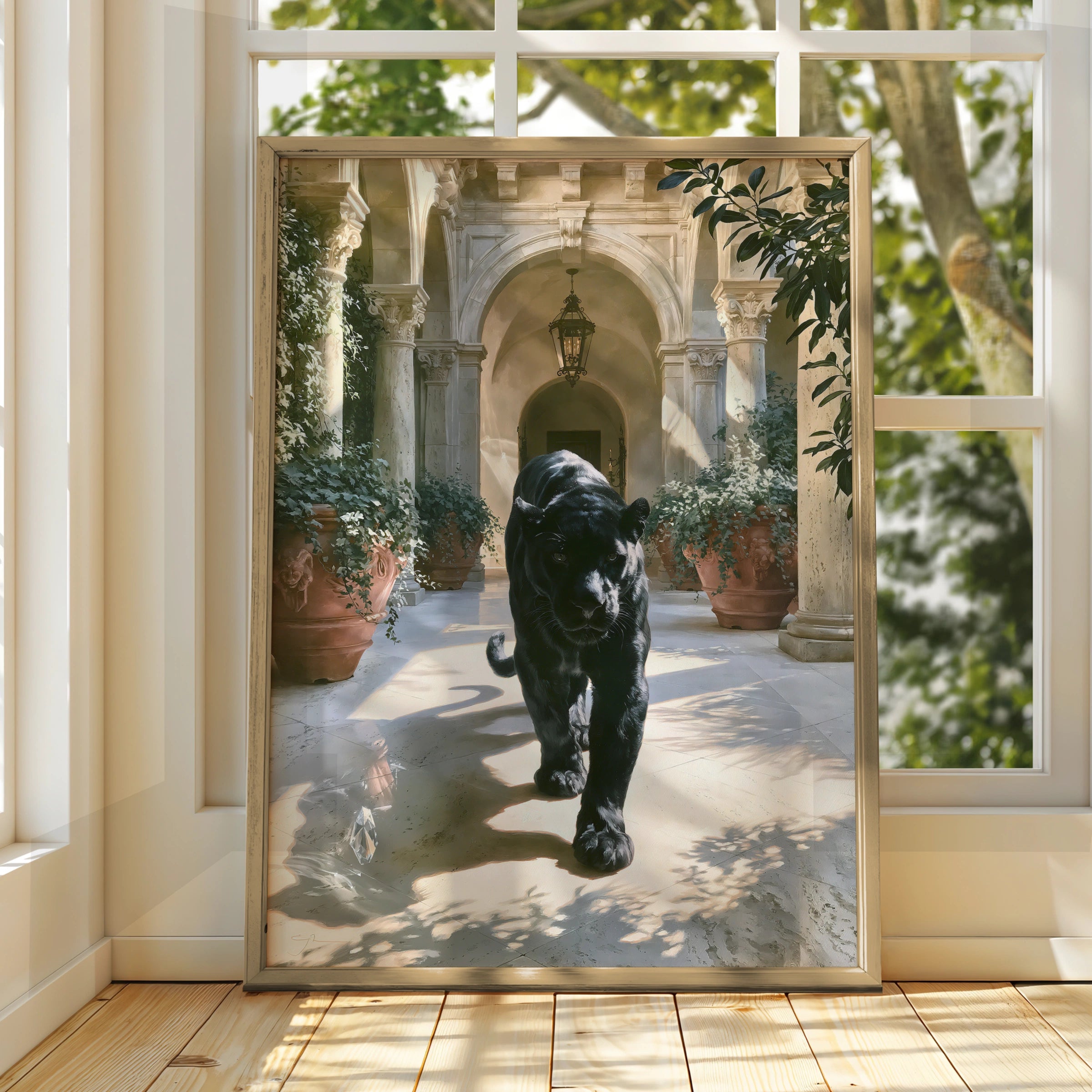Black Panther Italian Villa Poster, Marble Courtyard, Luxury Animal Wall Art