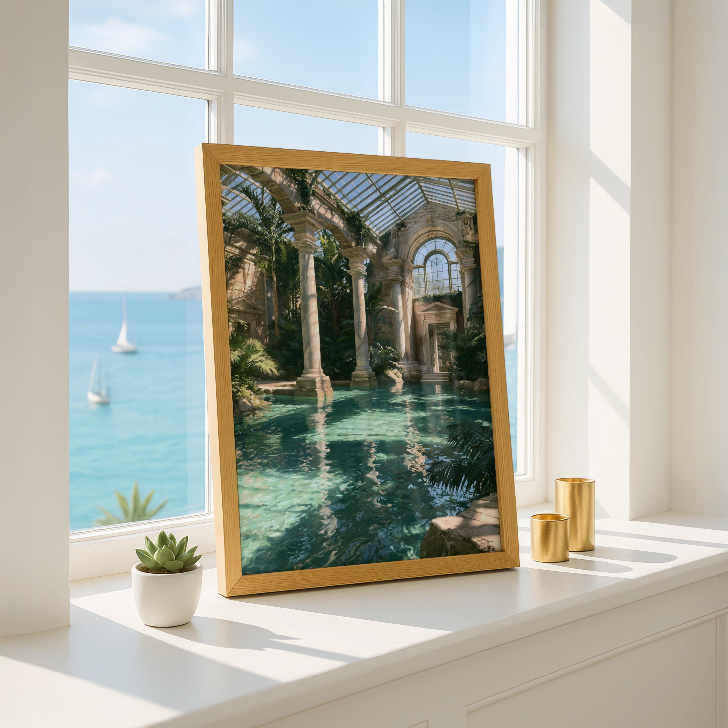 Glass House Bath Roman Pool Art Print, Classical Architecture Poster, Teal Green