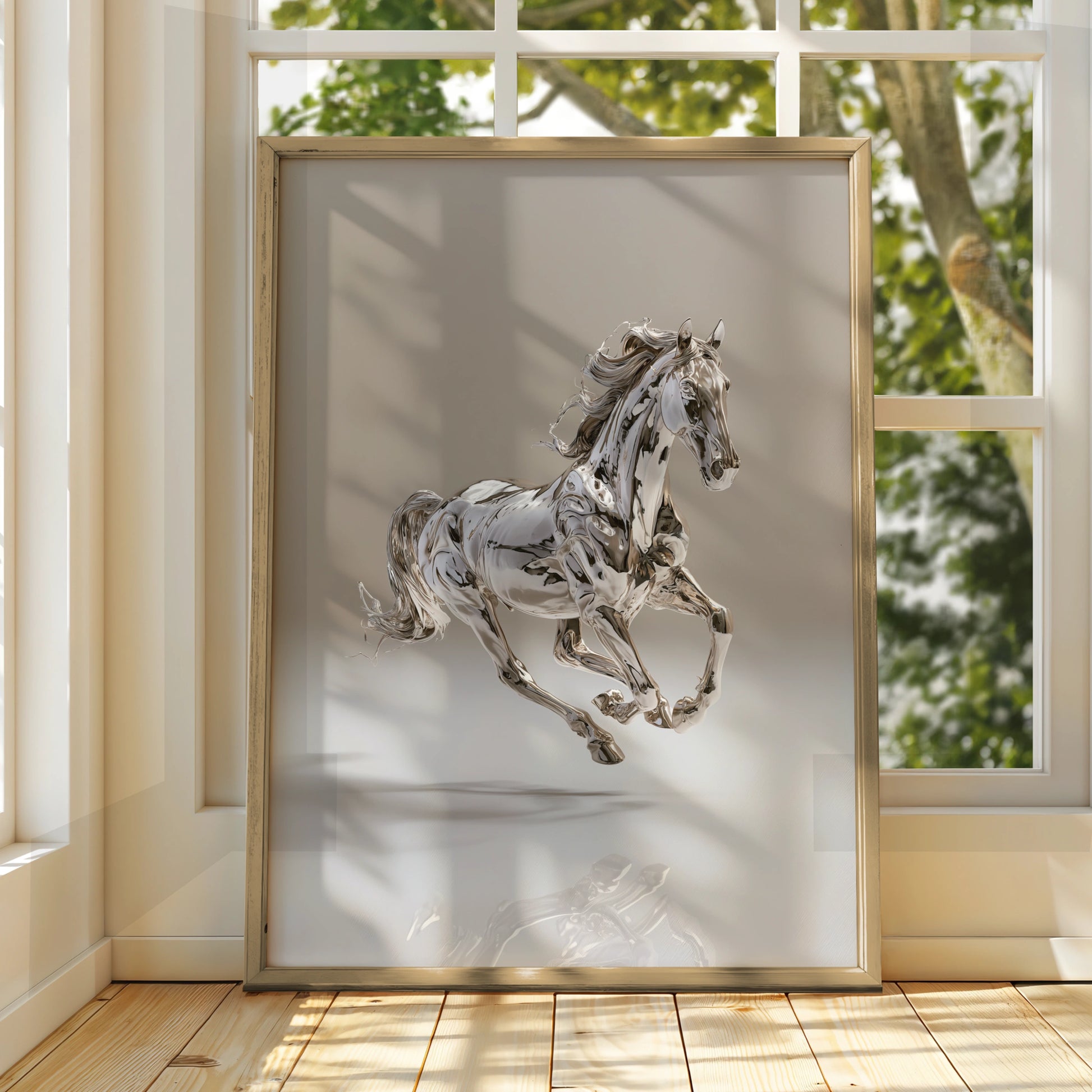 Chrome Horse Poster, Silver Metallic Running Horse, Modern Wall Art Print