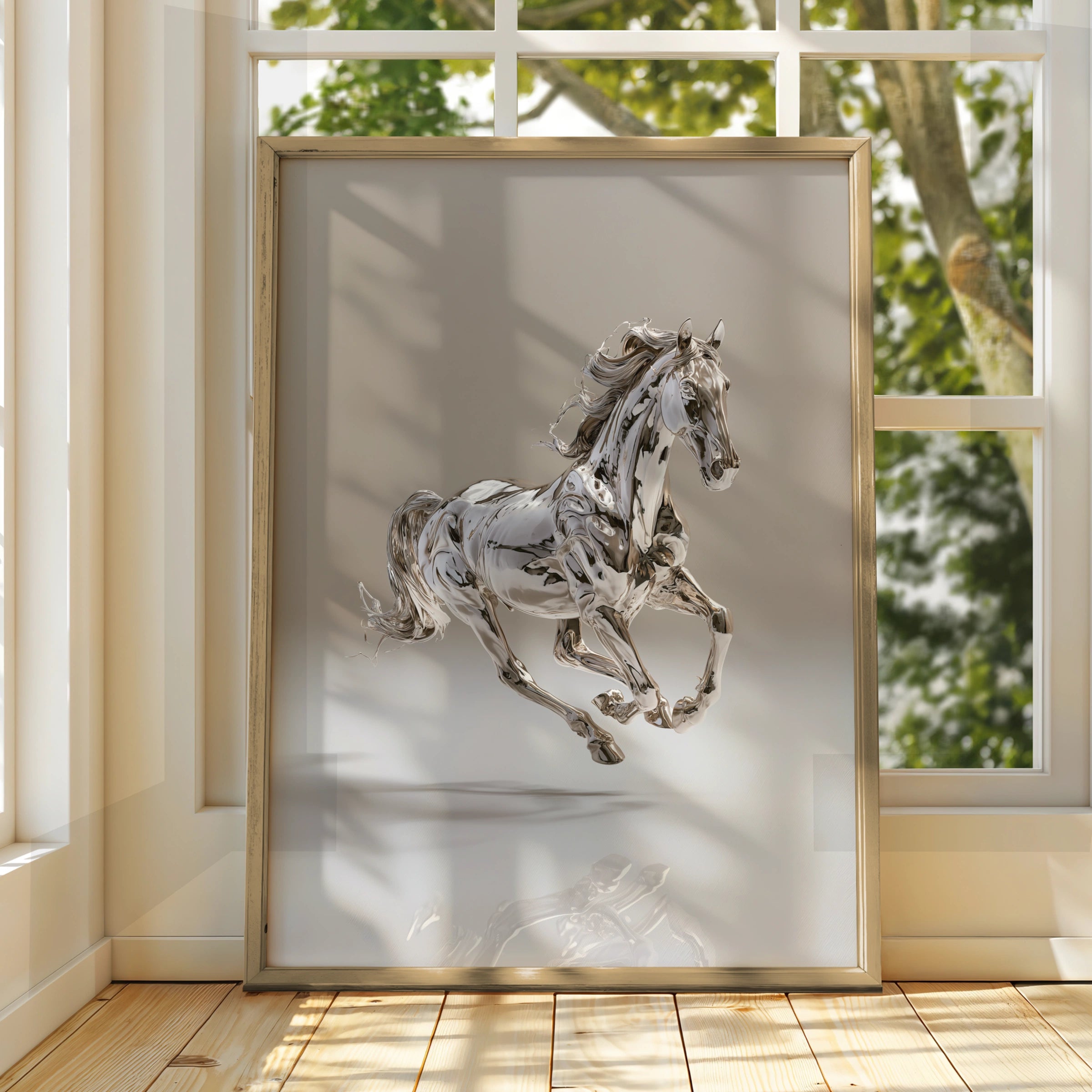 Chrome Horse Poster, Silver Metallic Running Horse, Modern Wall Art Print