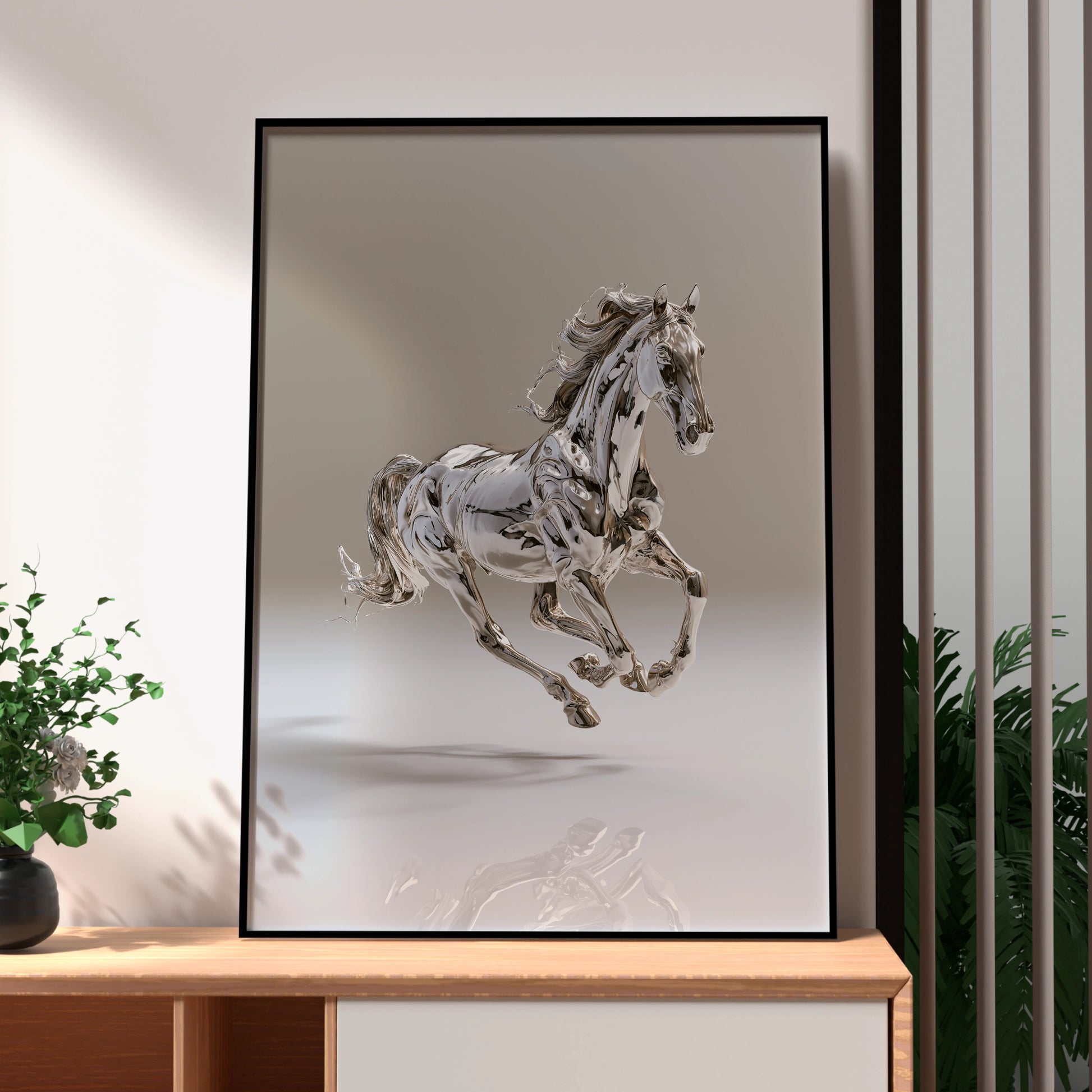 Chrome Horse Poster, Silver Metallic Running Horse, Modern Wall Art Print