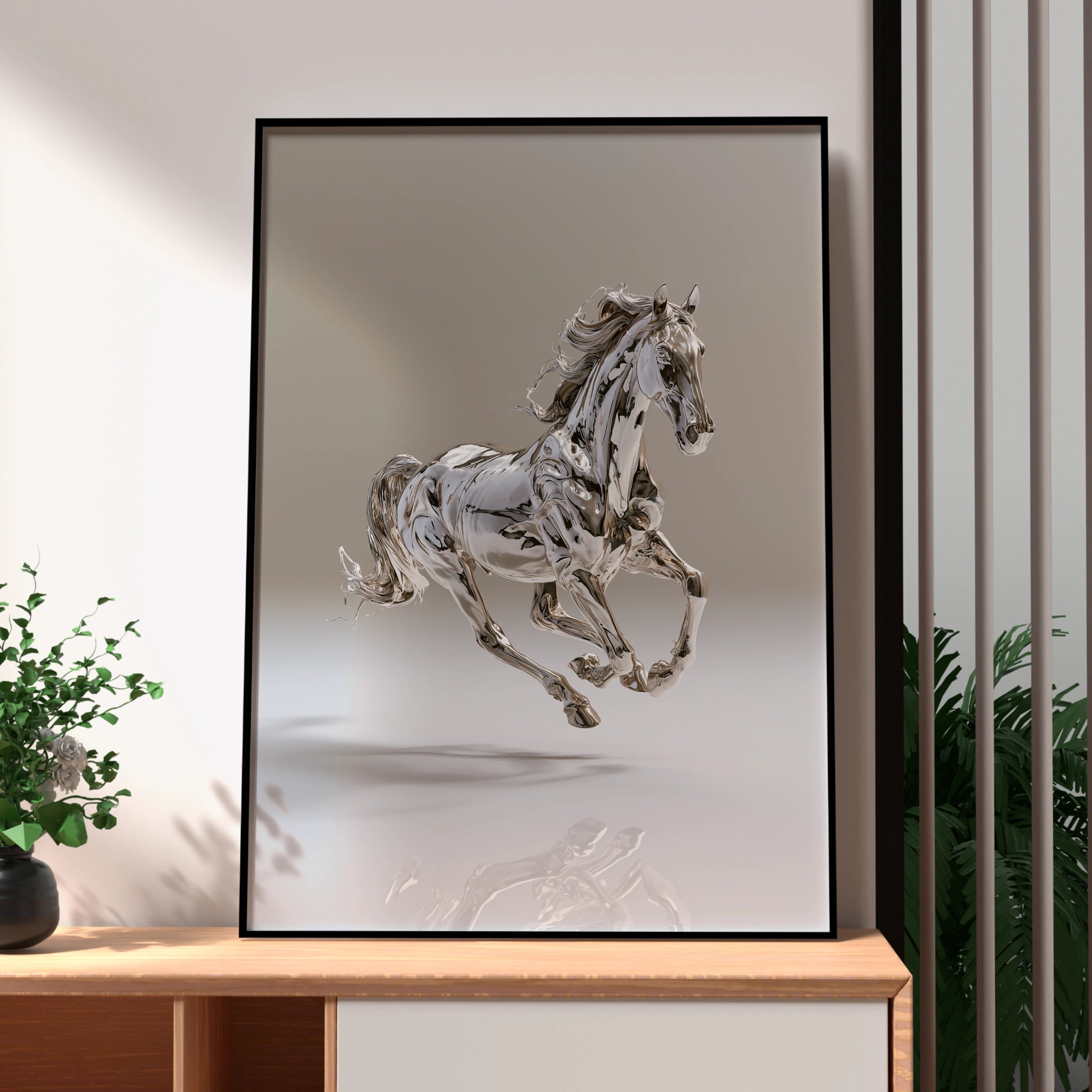 Chrome Horse Poster, Silver Metallic Running Horse, Modern Wall Art Print