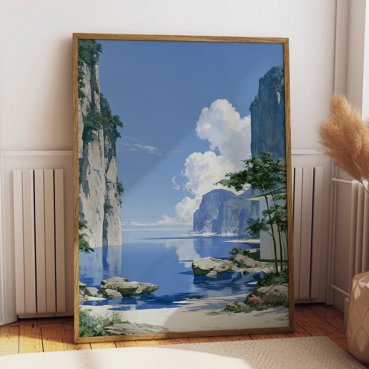 Japan Coastal Cliffs Art Print, Anime Style Landscape Poster, Blue Minimalist