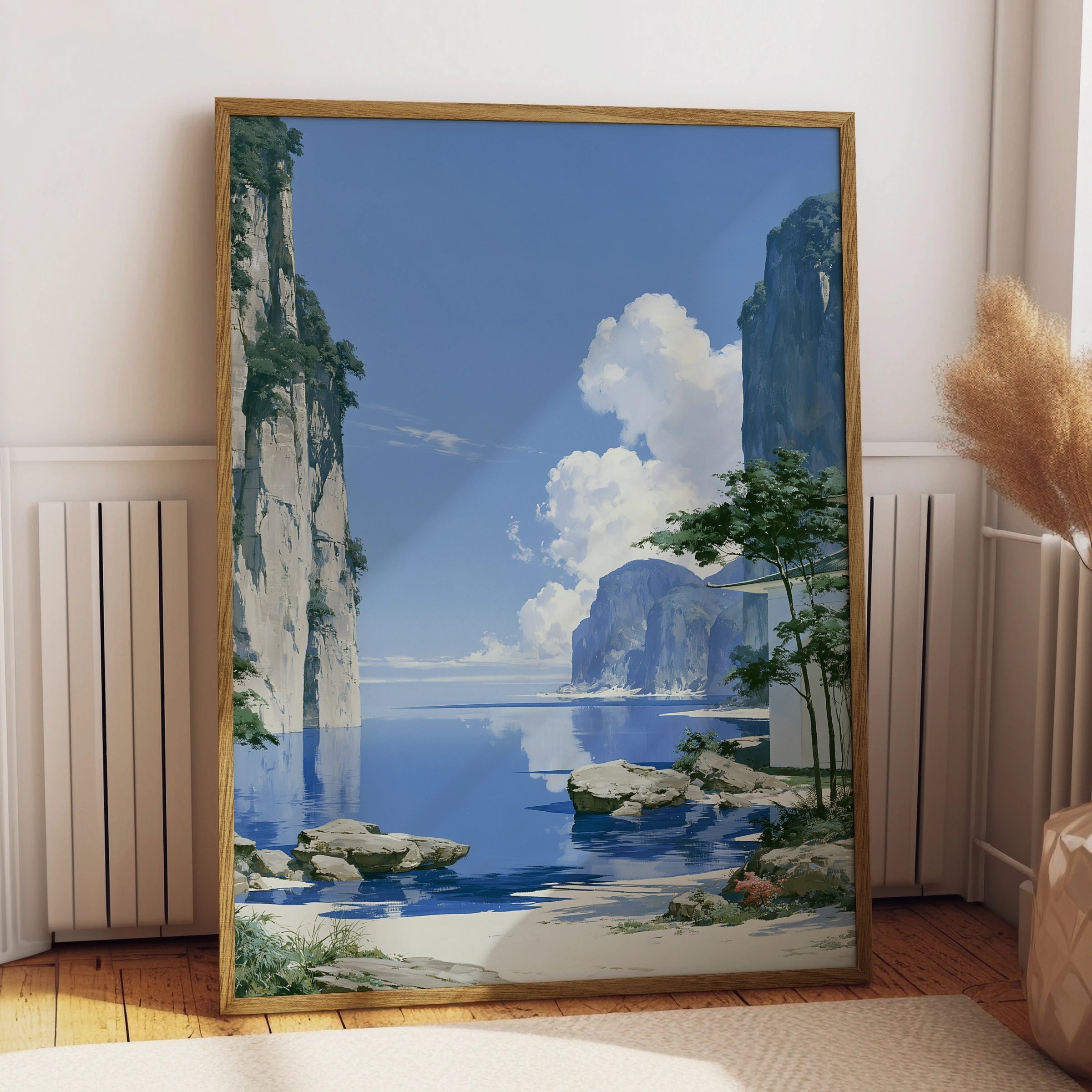 Japan Coastal Cliffs Art Print, Anime Style Landscape Poster, Blue Minimalist