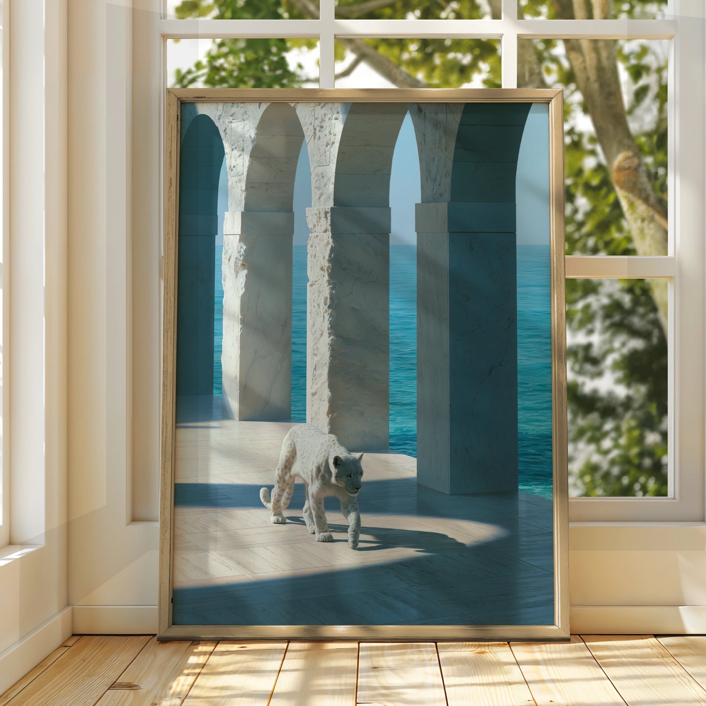 White Leopard Marble Arches Ocean Wall Art Poster, Surreal Coastal Print