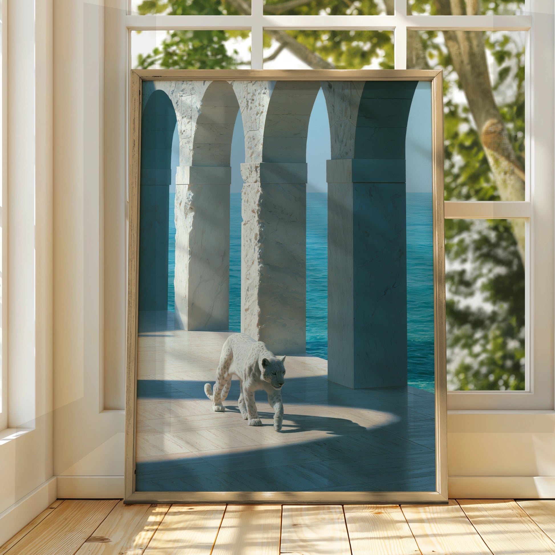 White Leopard Marble Arches Ocean Wall Art Poster, Surreal Coastal Print