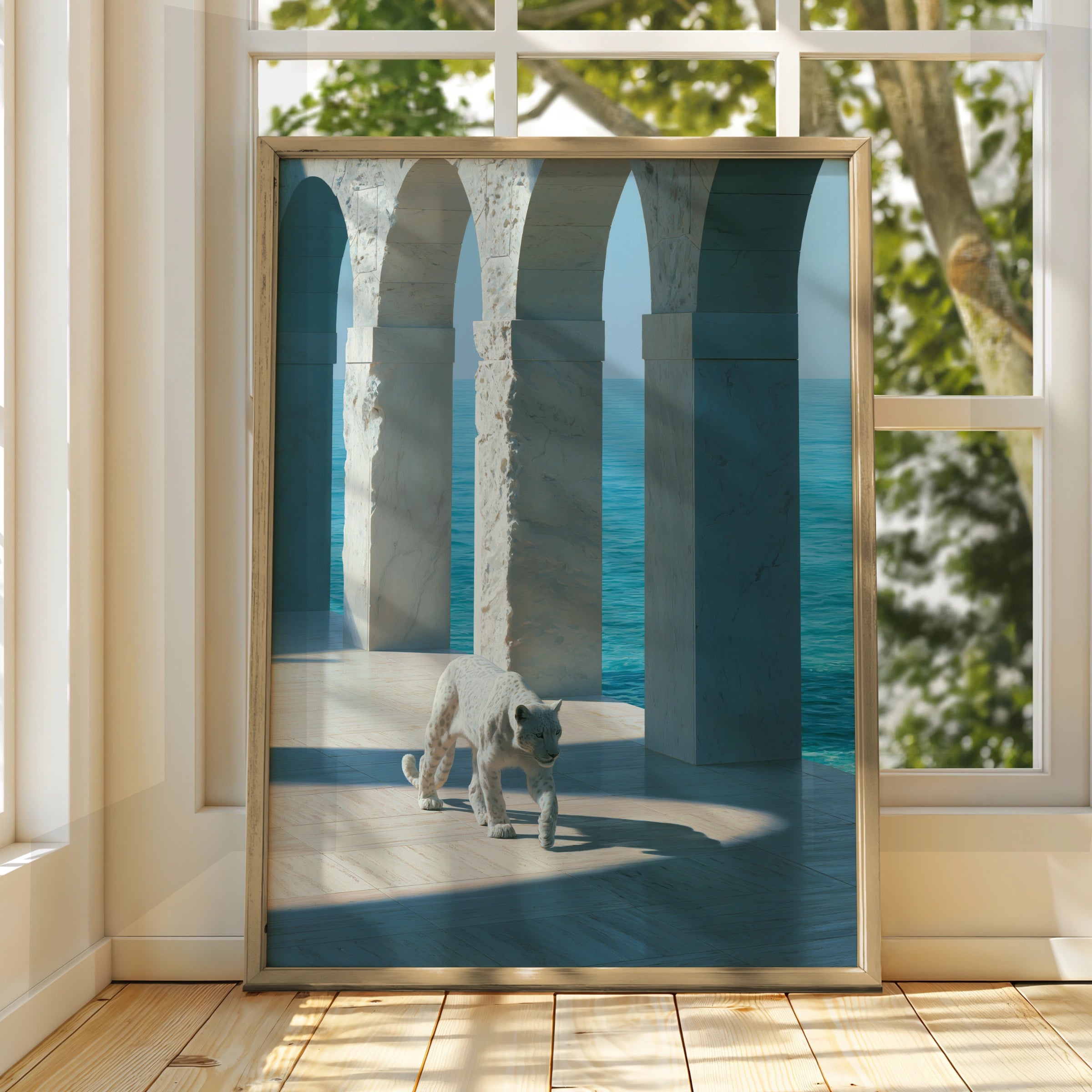 White Leopard Marble Arches Ocean Wall Art Poster, Surreal Coastal Print