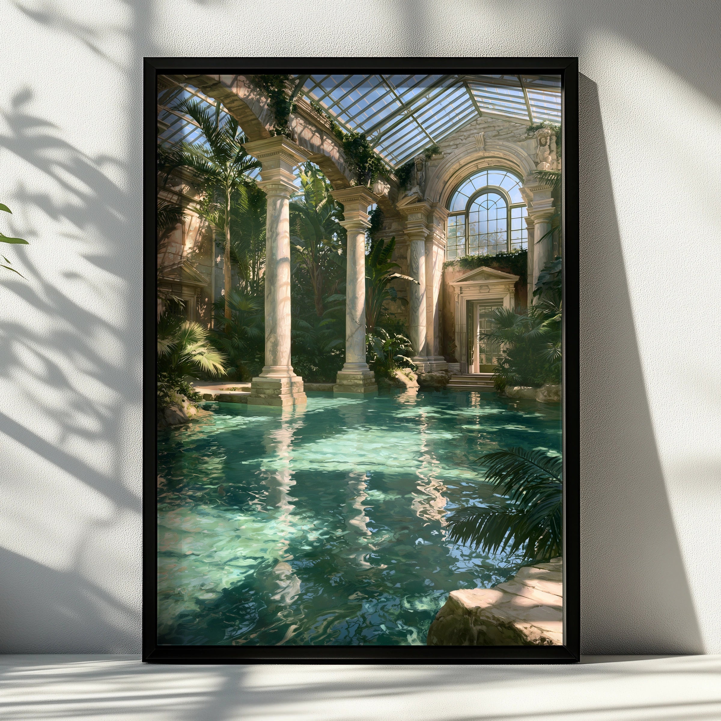 Glass House Bath Roman Pool Art Print, Classical Architecture Poster, Teal Green