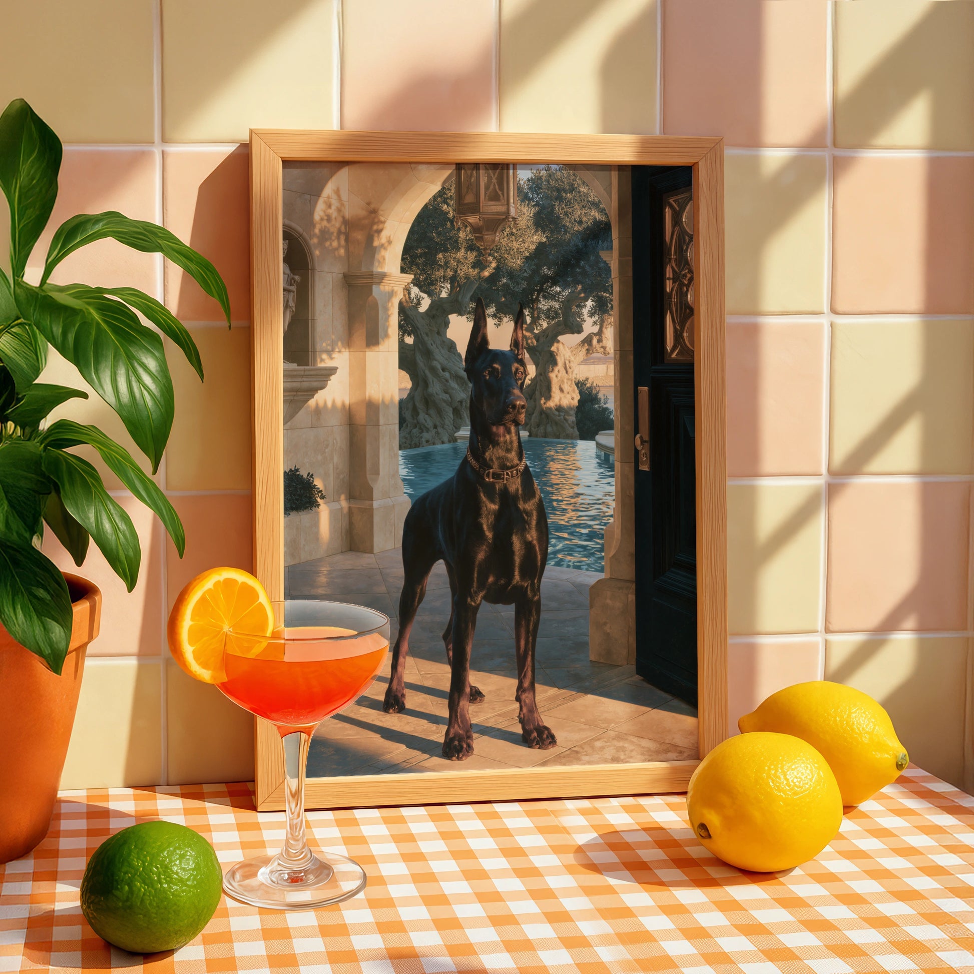 Dobermann Villa Poster, Luxury Dog Art Print, Classical Archway, Golden Hour
