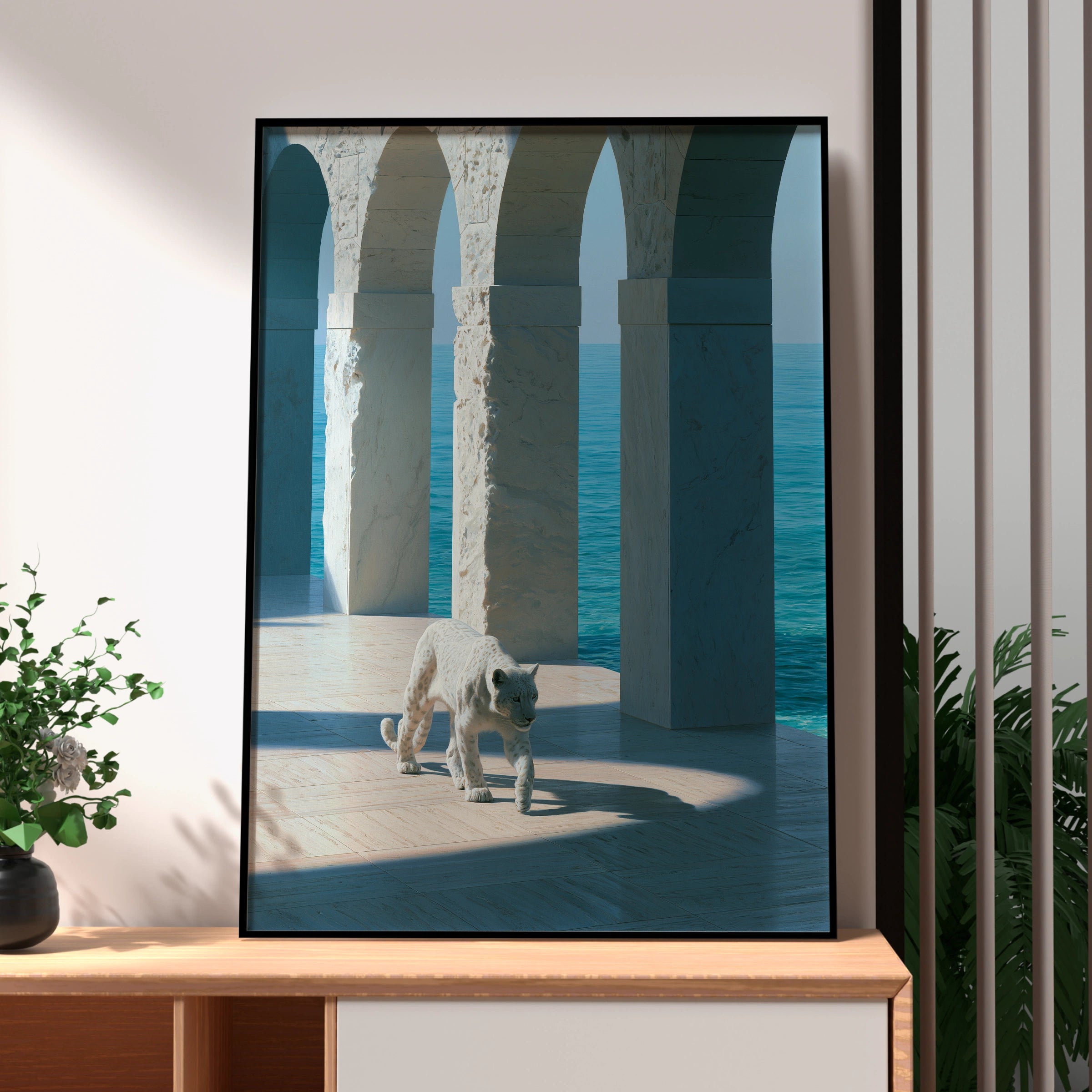White Leopard Marble Arches Ocean Wall Art Poster, Surreal Coastal Print