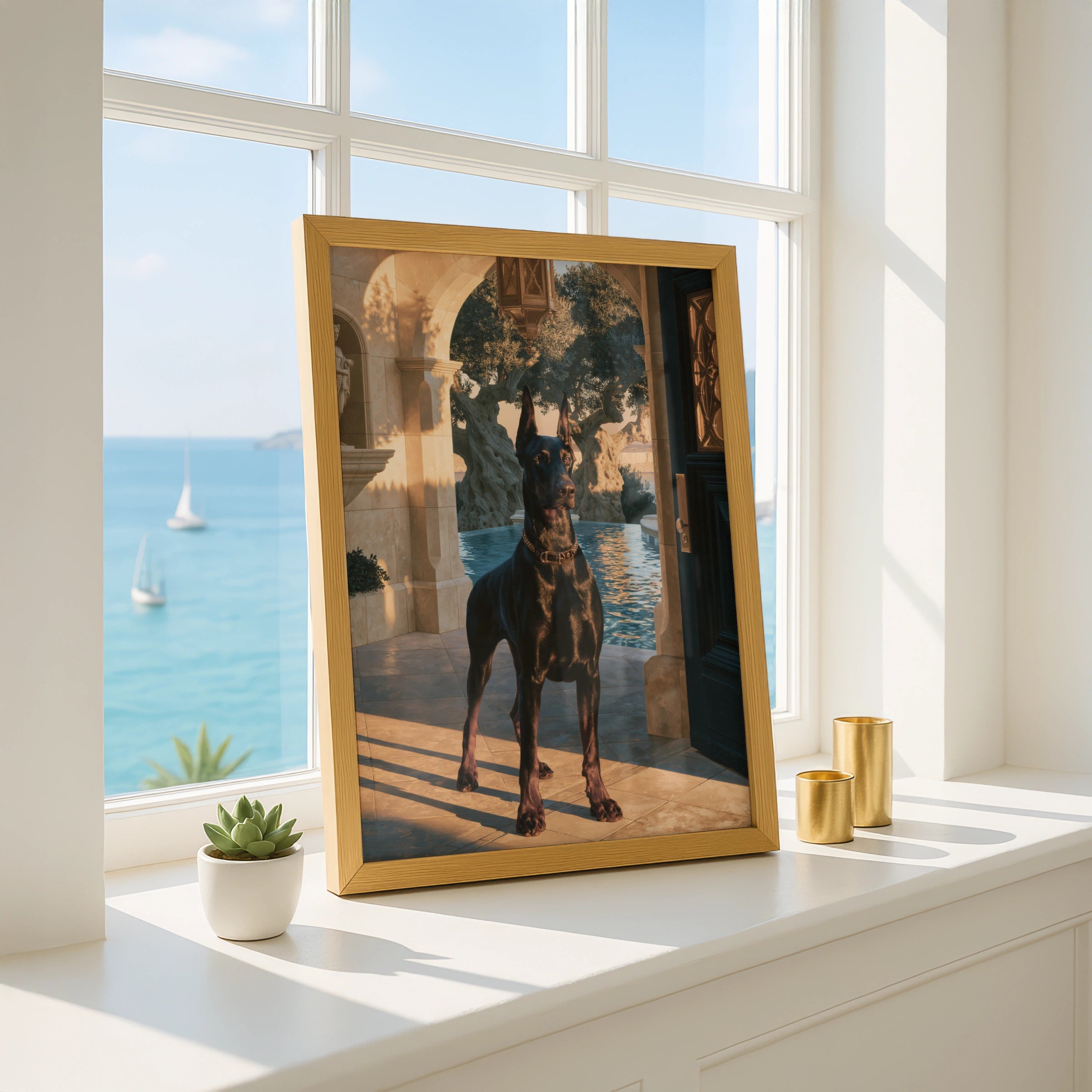 Dobermann Villa Poster, Luxury Dog Art Print, Classical Archway, Golden Hour