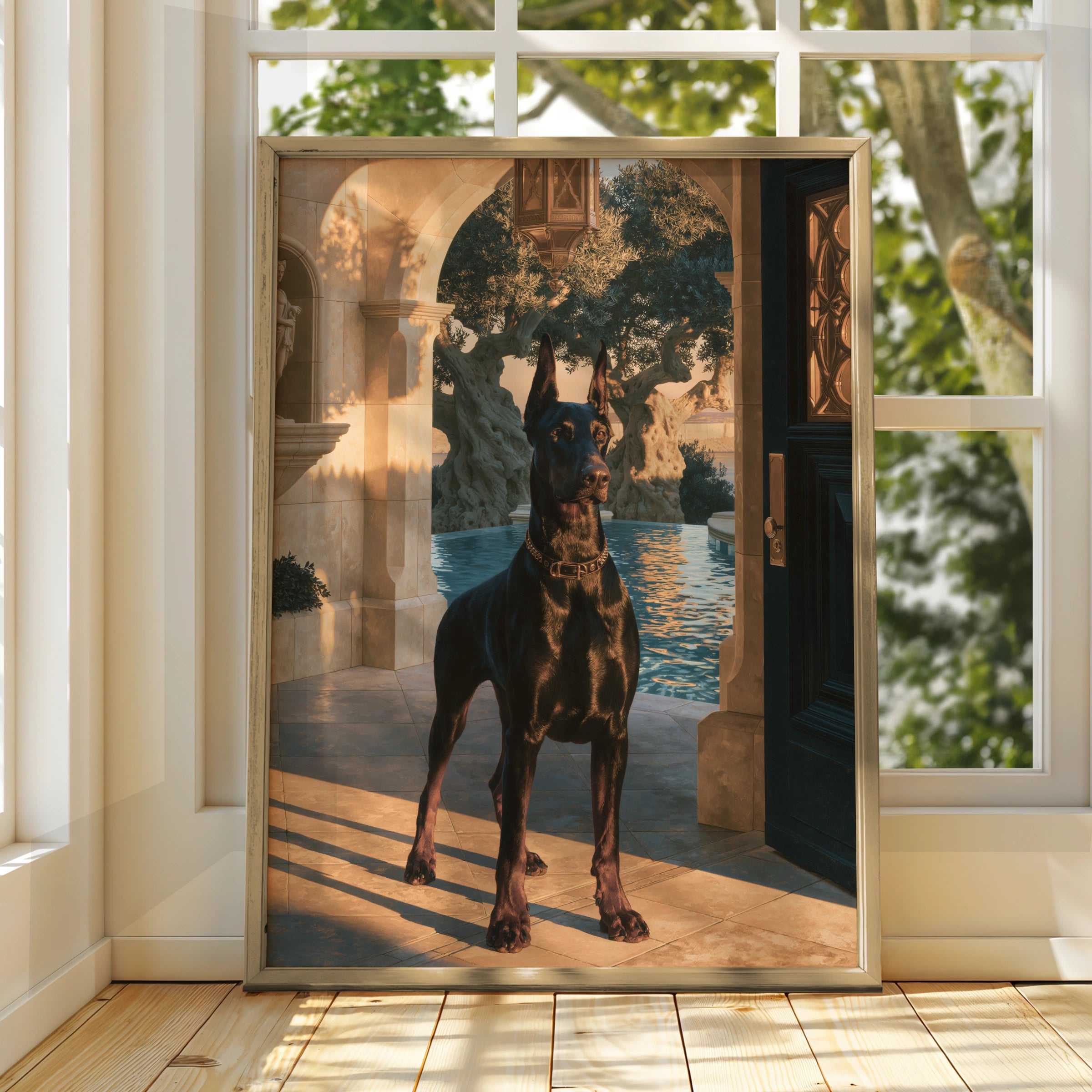 Dobermann Villa Poster, Luxury Dog Art Print, Classical Archway, Golden Hour