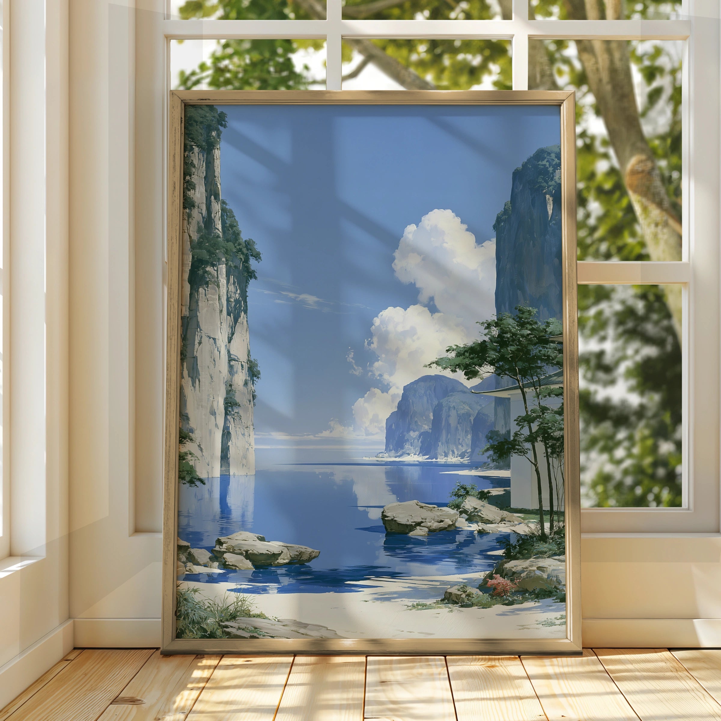 Japan Coastal Cliffs Art Print, Anime Style Landscape Poster, Blue Minimalist