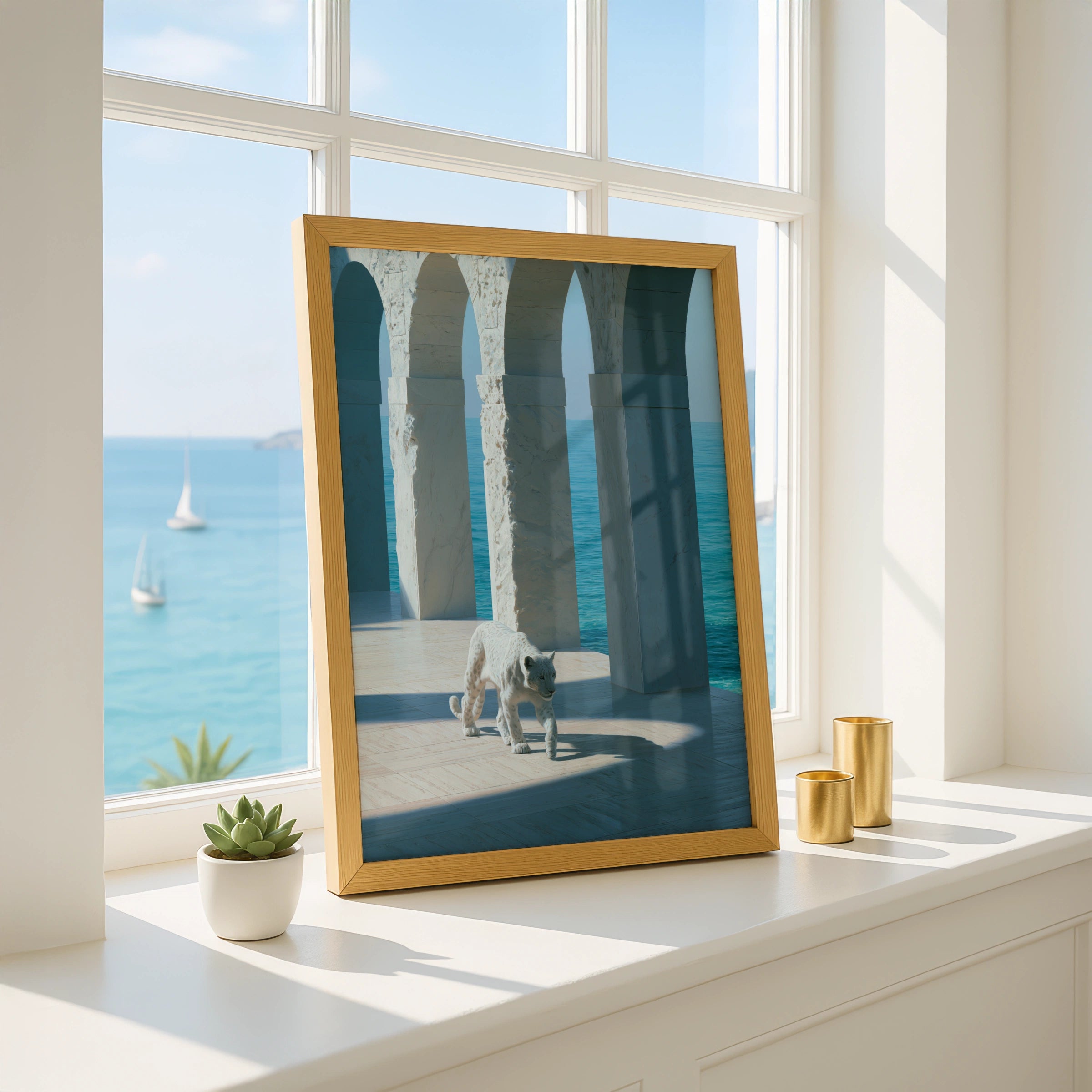 White Leopard Marble Arches Ocean Wall Art Poster, Surreal Coastal Print
