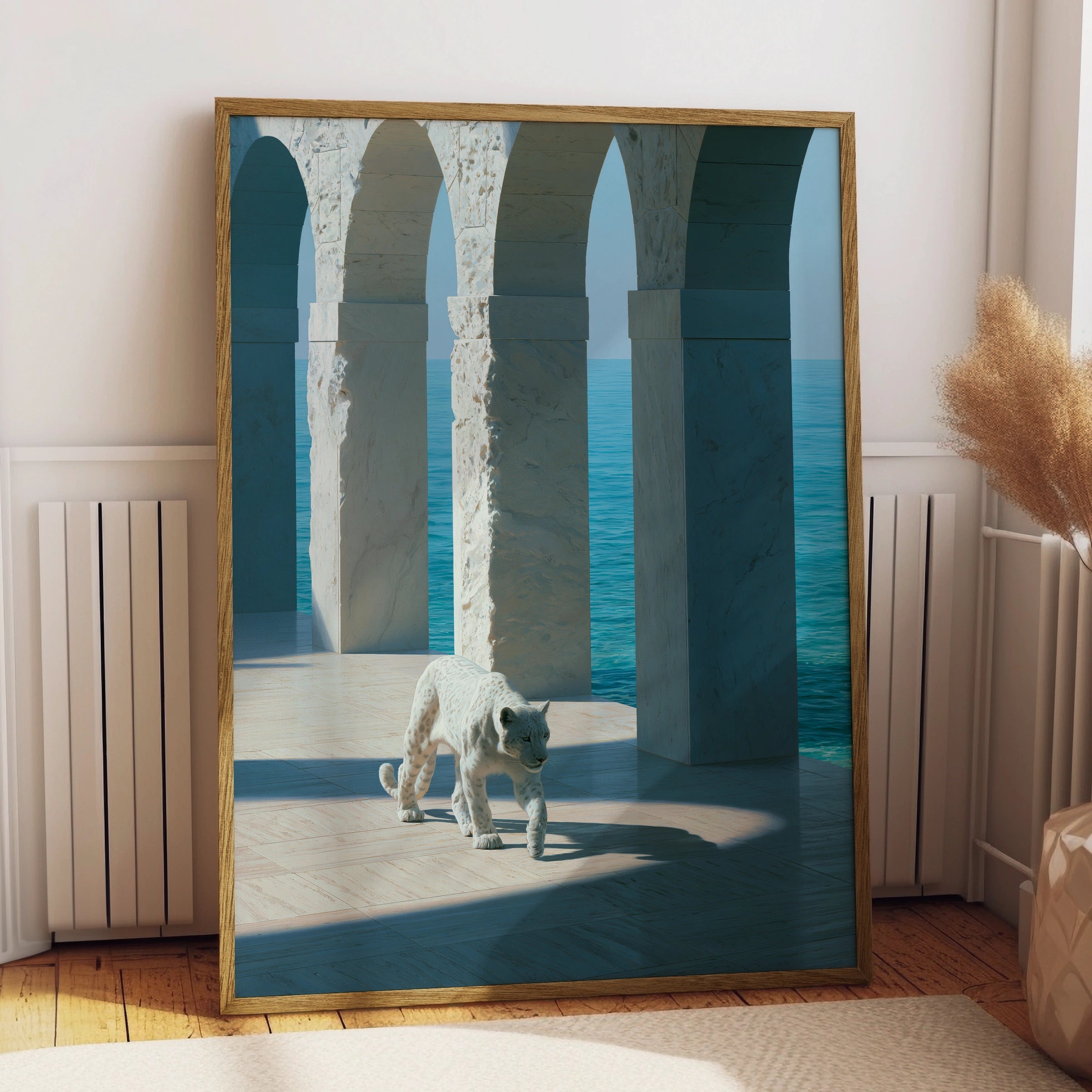 White Leopard Marble Arches Ocean Wall Art Poster, Surreal Coastal Print