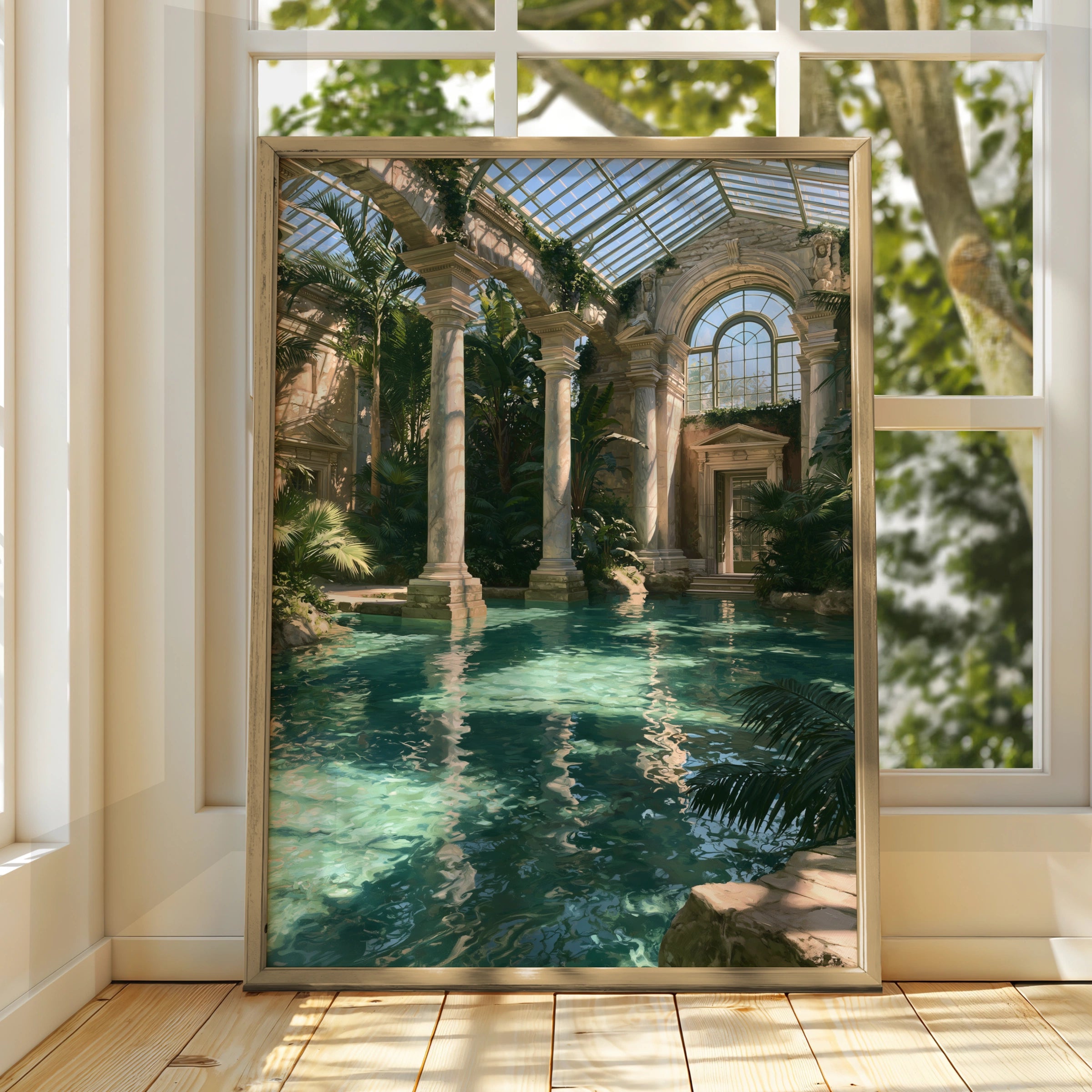 Glass House Bath Roman Pool Art Print, Classical Architecture Poster, Teal Green