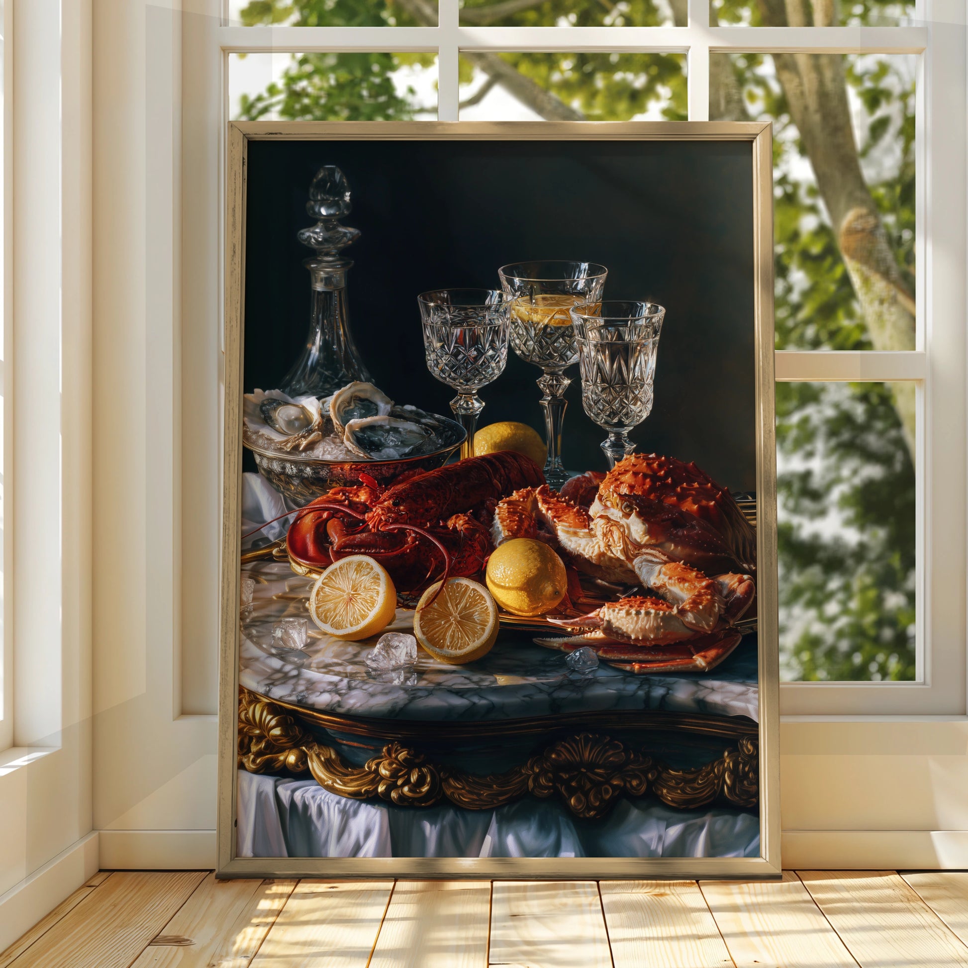 Seafood Still Life Poster, Lobster Oysters Crab, Dark Baroque Wall Art Print