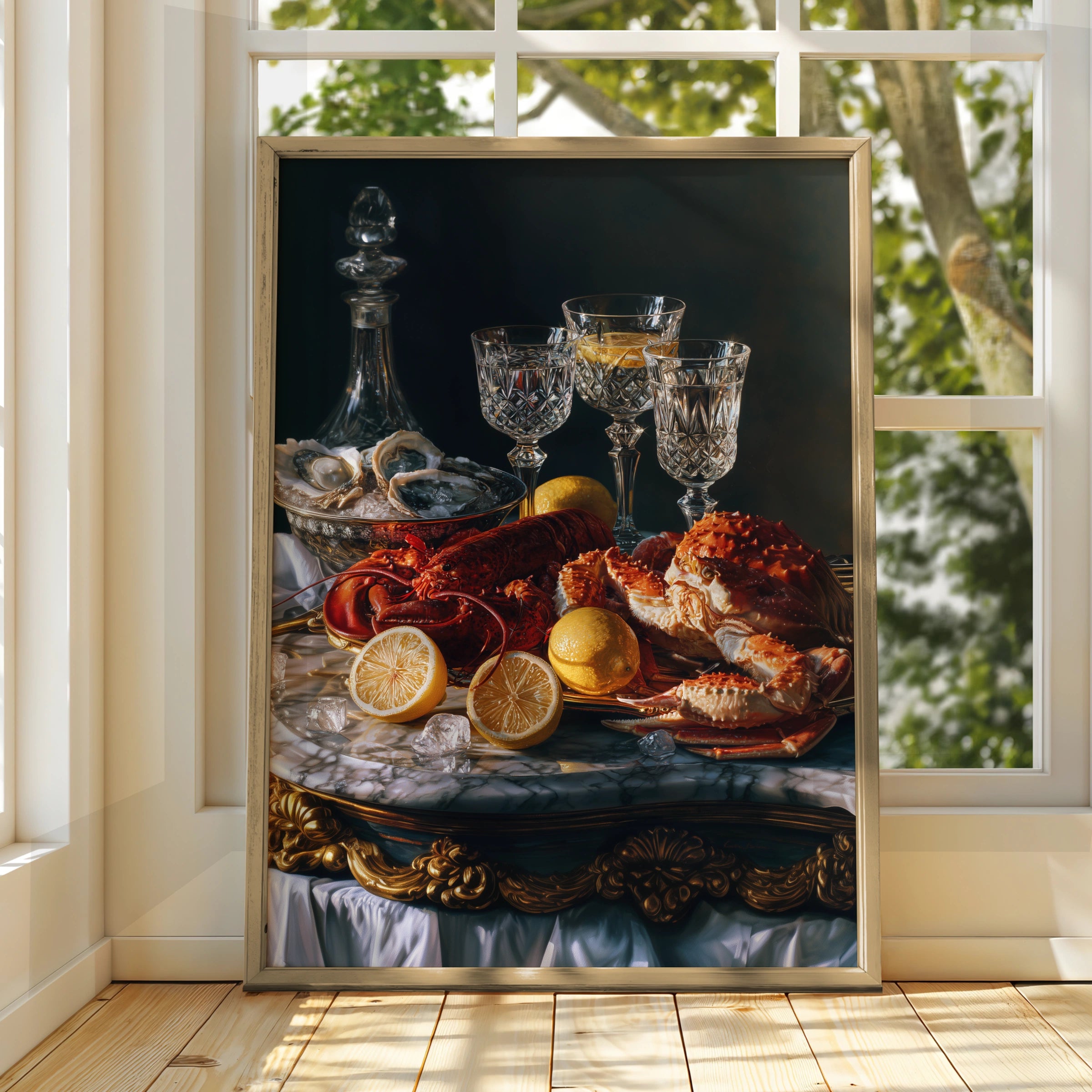 Seafood Still Life Poster, Lobster Oysters Crab, Dark Baroque Wall Art Print