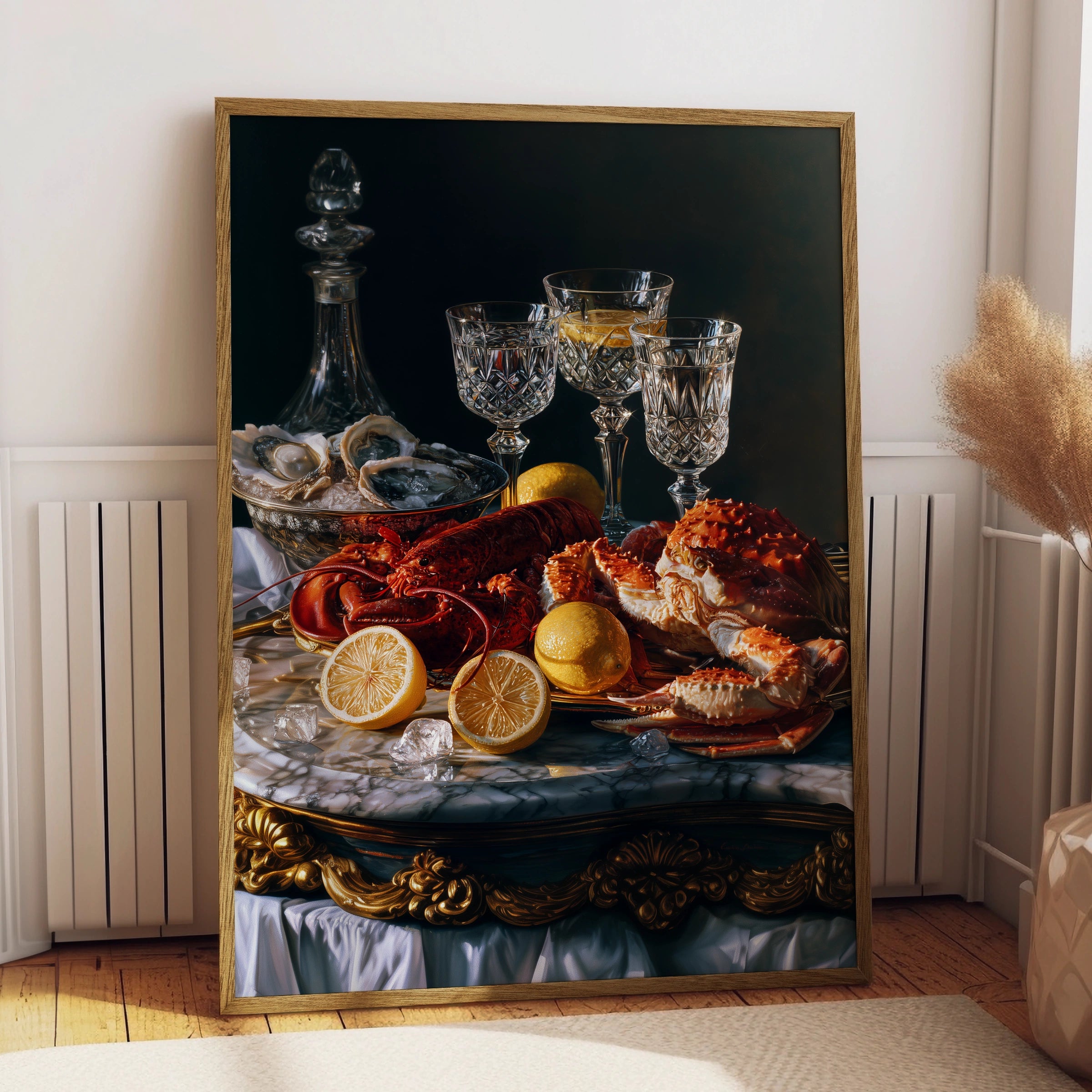 Seafood Still Life Poster, Lobster Oysters Crab, Dark Baroque Wall Art Print