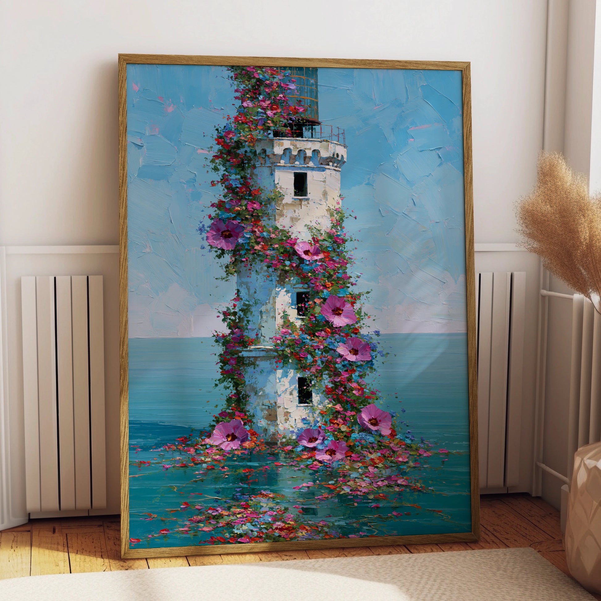 Lighthouse Flowers Poster, Floral Coastal Wall Art, Botanical Oil Painting Print