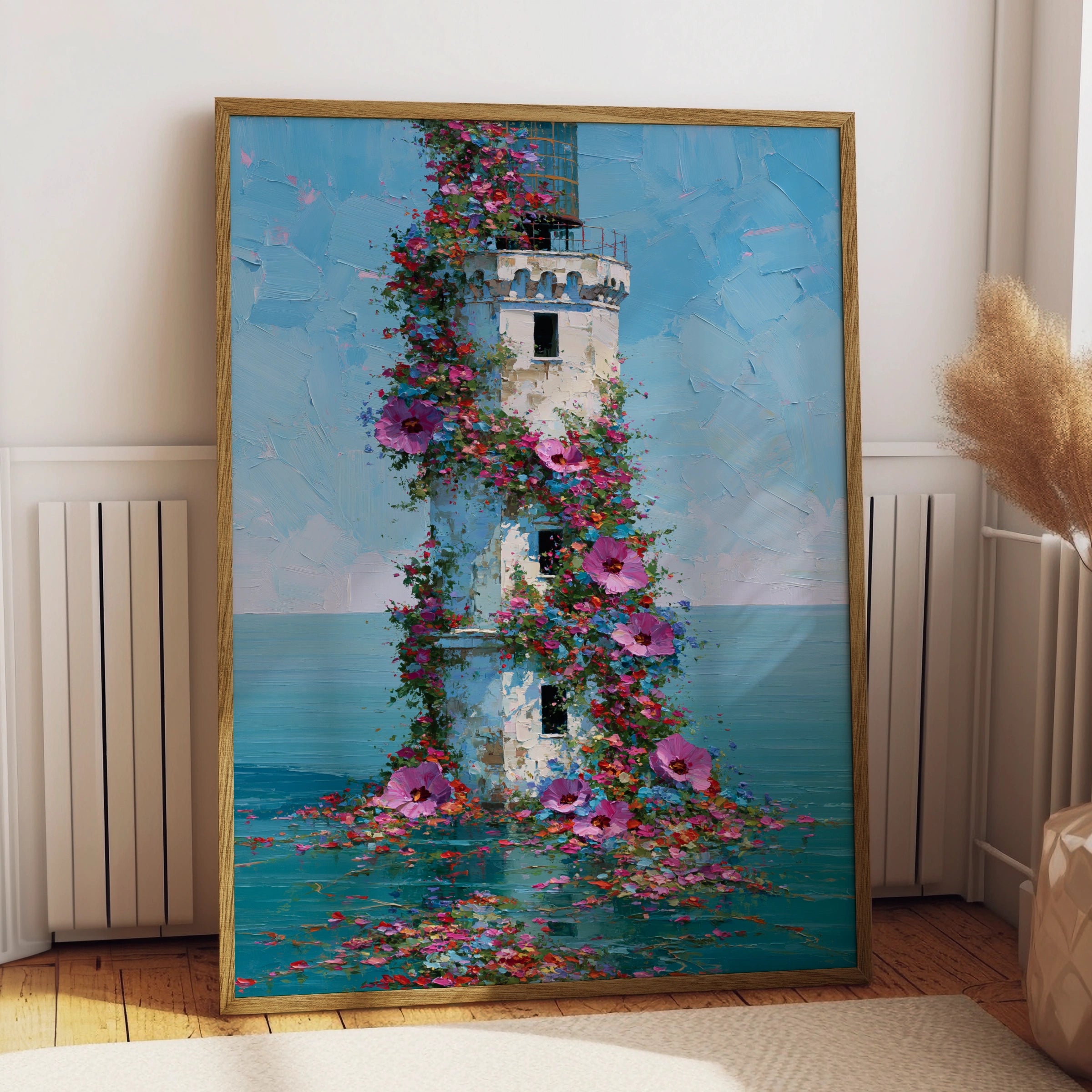 Lighthouse Flowers Poster, Floral Coastal Wall Art, Botanical Oil Painting Print