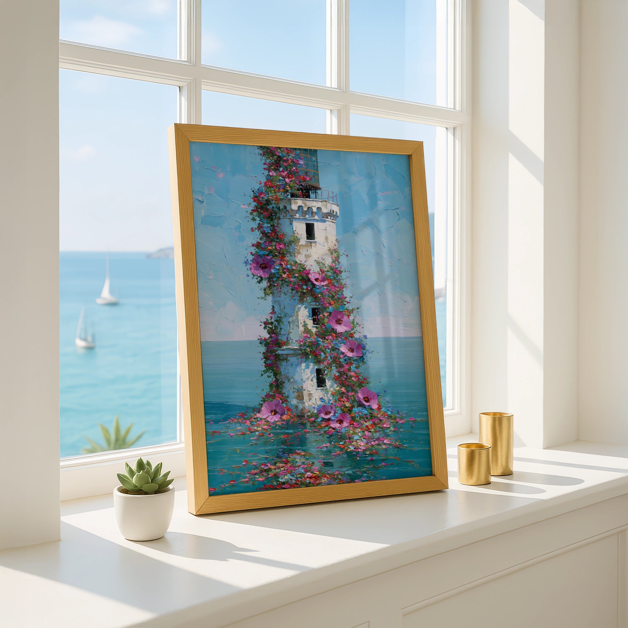 Lighthouse Flowers Poster, Floral Coastal Wall Art, Botanical Oil Painting Print